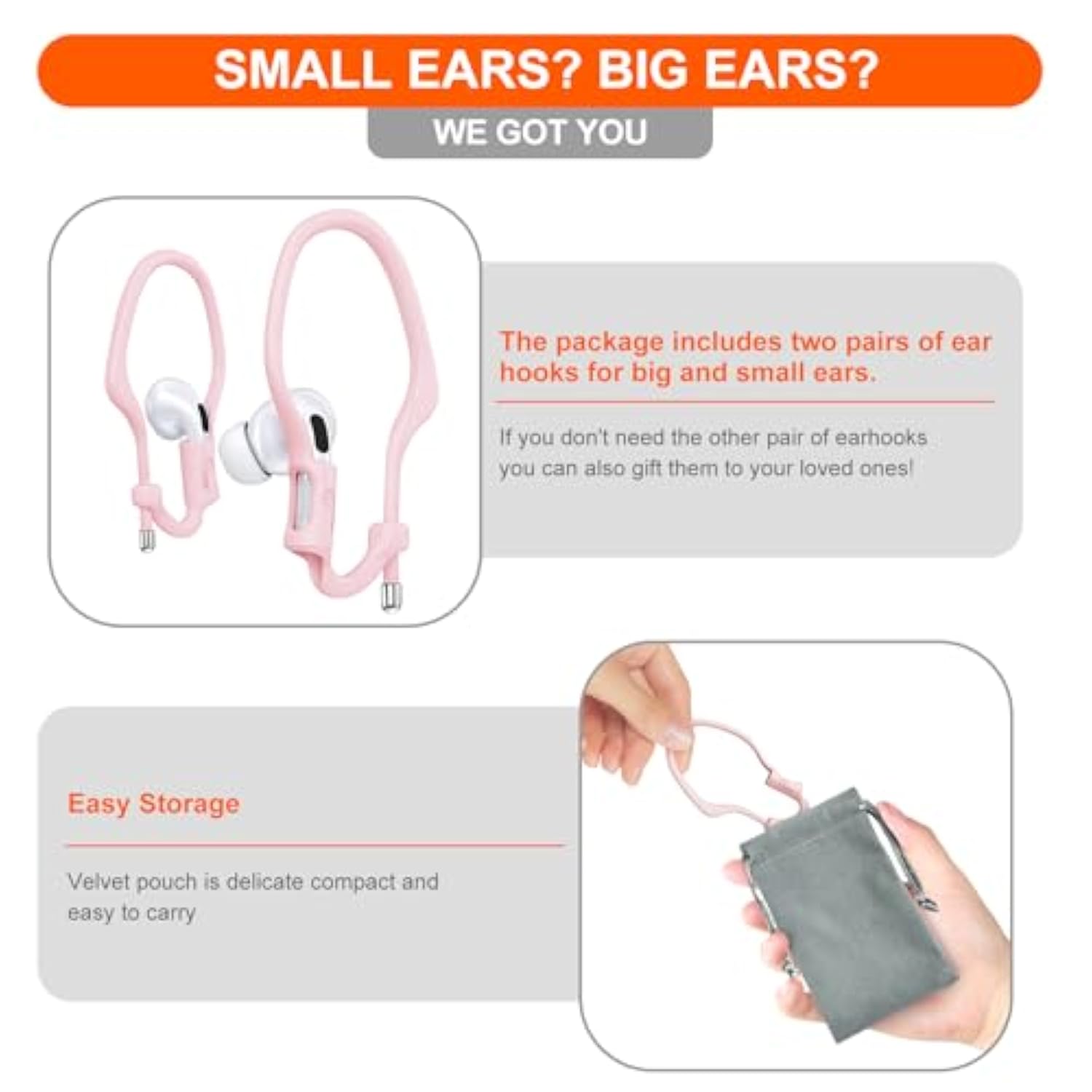 [2 Pairs] Ear Hooks For Airpods Pro 2, 1 & Airpods 4, 3, 2, 1, [Adjustable] Ergonomic Design Anti Slip, Comfortable Fit Silicone Clip For Running Sports [Added Velvet Storage Pouch] – Pink