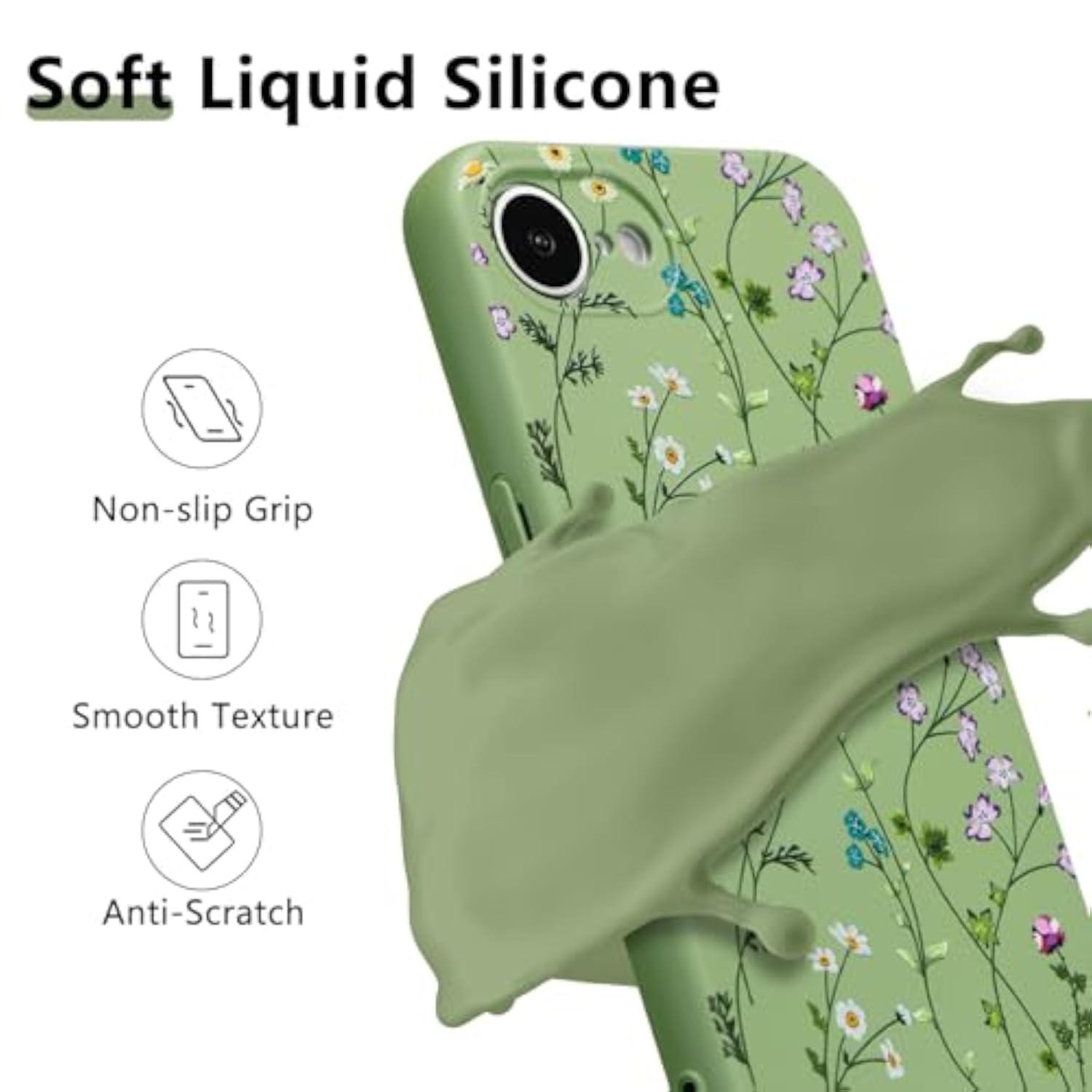 Floral Silicone Case for iPhone 16e and 17e 6.1 Inch Phone Case for Women, Green