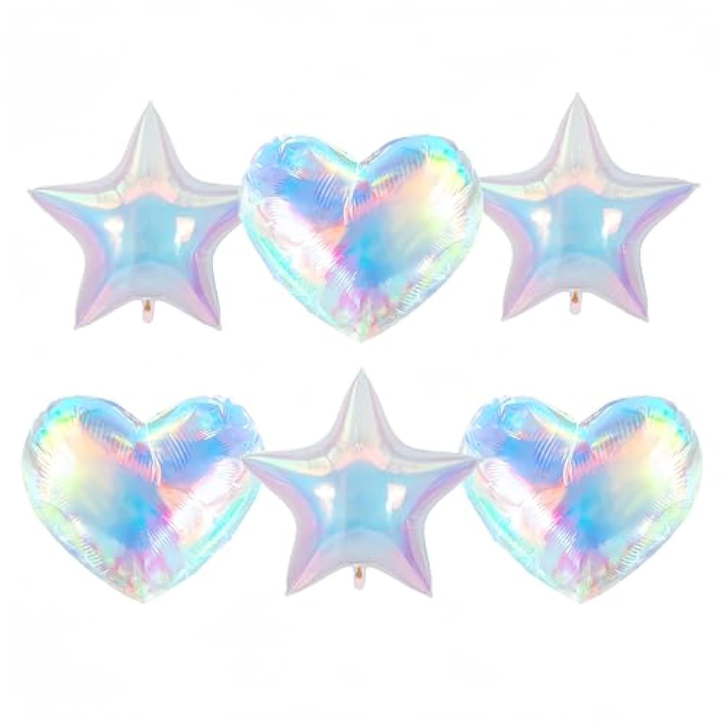 6 Pcs Iridescent Heart & Star Balloons – Rainbow Foil for Under the Sea Parties