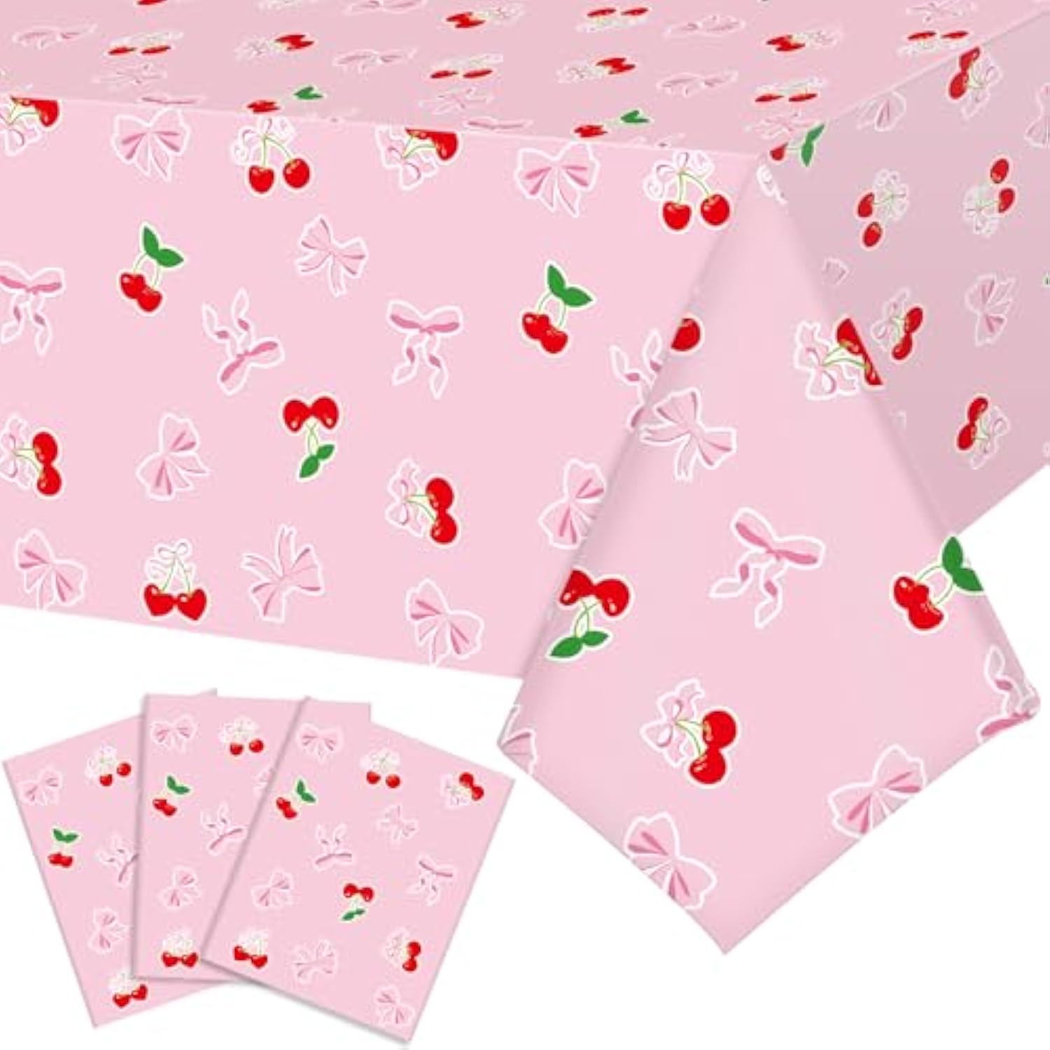 3 Pcs Cherry Bow Table Cloth Red Cherries Table Cover Pink Bow Tablecloth Disposable Plastic She'S The Cherry On Top Tablecover For Bachelorette Baby Shower Bridal Birthday Party Decor Supplies