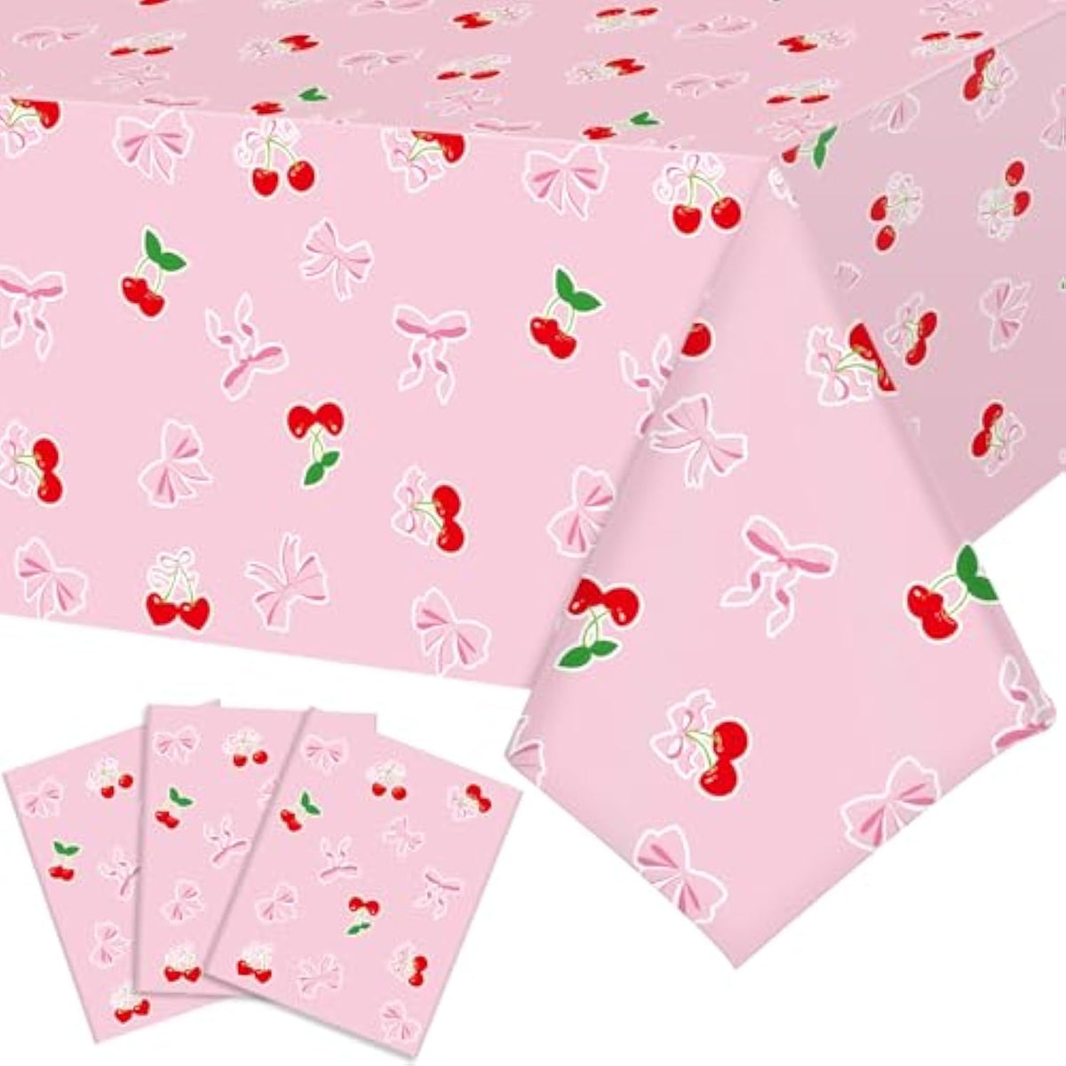 3 Pcs Cherry Bow Table Cloth Red Cherries Table Cover Pink Bow Tablecloth Disposable Plastic She'S The Cherry On Top Tablecover For Bachelorette Baby Shower Bridal Birthday Party Decor Supplies