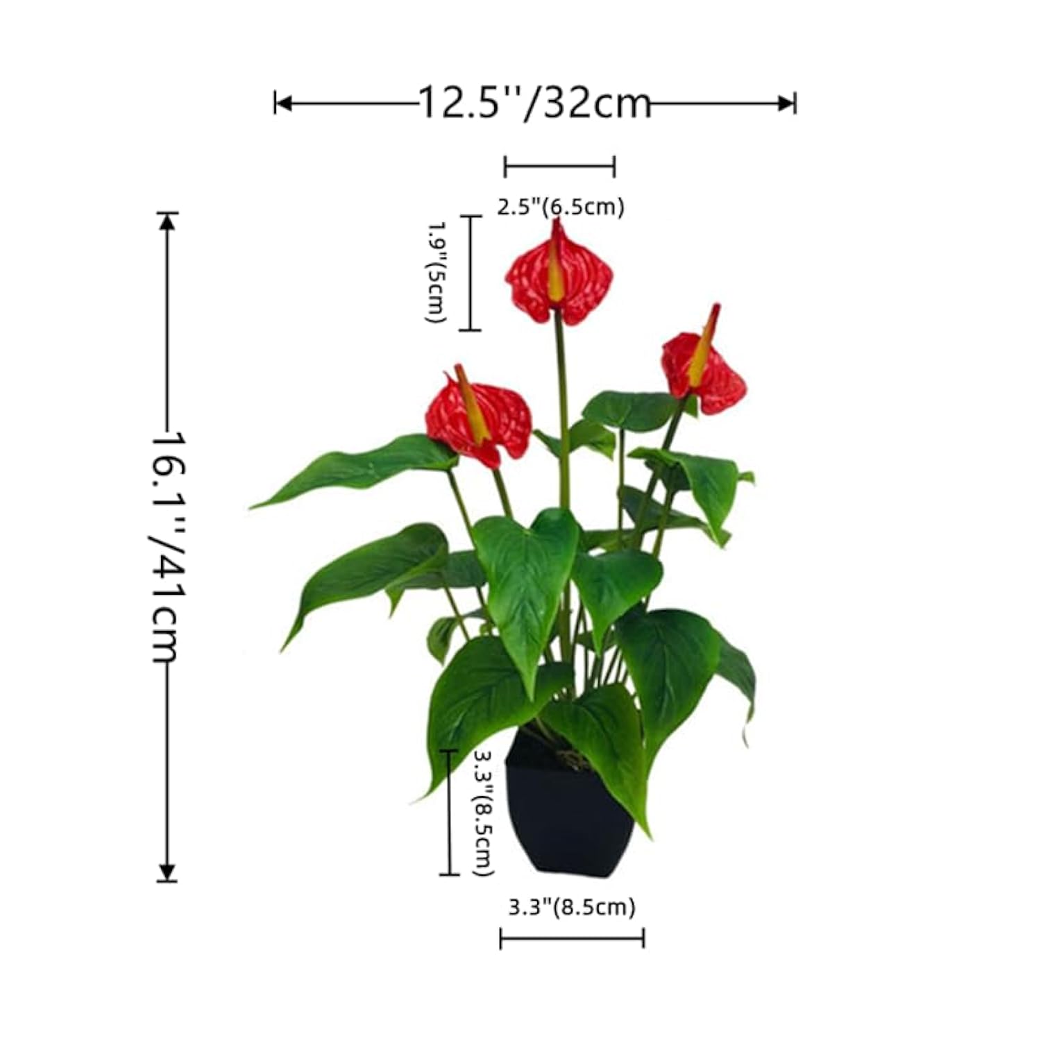 16.1'' Artificial Potted Flowers Anthurium Artificial Plant Bonsai Fake Tropical Greenery Plant,For Indoor Outside Home Garden Office Deck Porch Wedding Decorations,Red