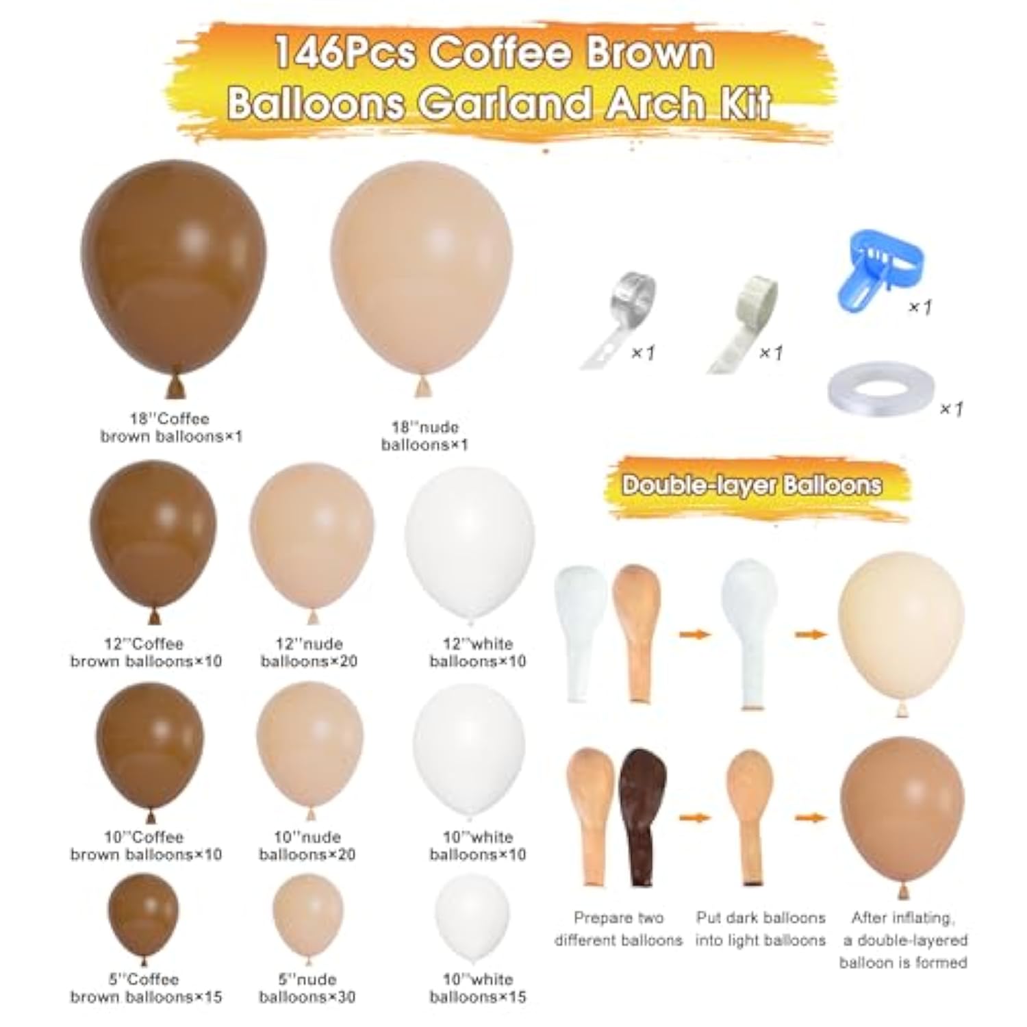 146Pcs Brown Balloons Garland Arch Kit, Diy 18"12"10" Coffee Brown Blush Nude Balloons For Neutral Woodland Teddy Bear Baby Shower Wedding Jungle Safari Birthday Party Decorations