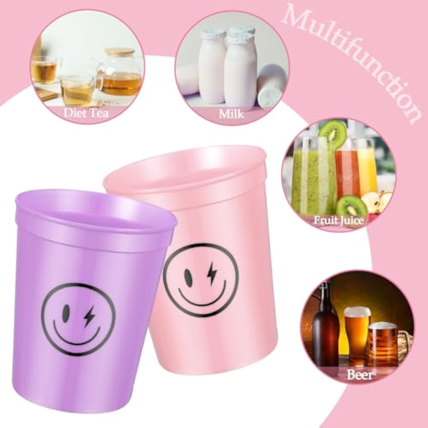 24 Pcs Smile Pattern Drink Cups Smile Face Plastic Cups 16 Oz Reusable For Kids First Birthday Party Picnics Sports Event Wedding Bachelorette Decorations (Funny)