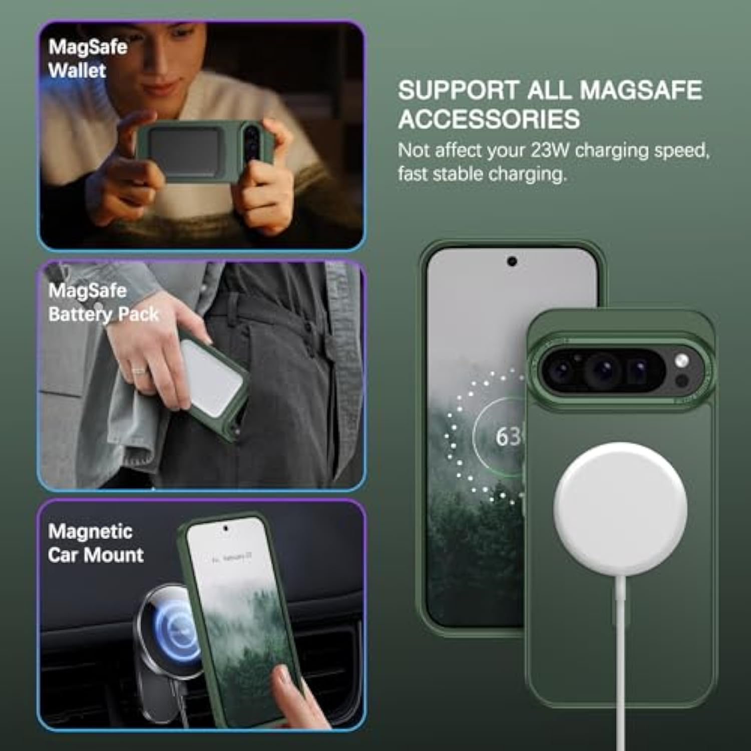 Magnetic For Google Pixel 9 Pro Xl Case, Pixel 9Proxl Phone Case Compatible With Magsafe, Translucent Matte Slim Shockproof Protective Magnetic Cover For Google 9 Proxl 6.8 Inch, Deep Green