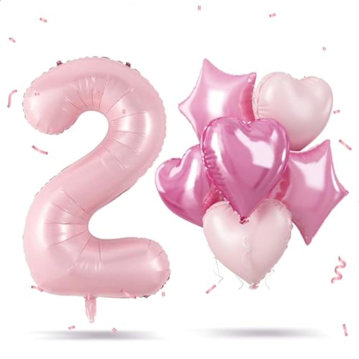 Big Number 2 Balloon Light Pink, Foil 2 Balloons With Pastel Baby Pink Helium 18 Inch Heart Star Balloon, 40'' Self Inflating Two Balloon Number For Girls 2Nd Birthday Party Women Valentines Day Decor