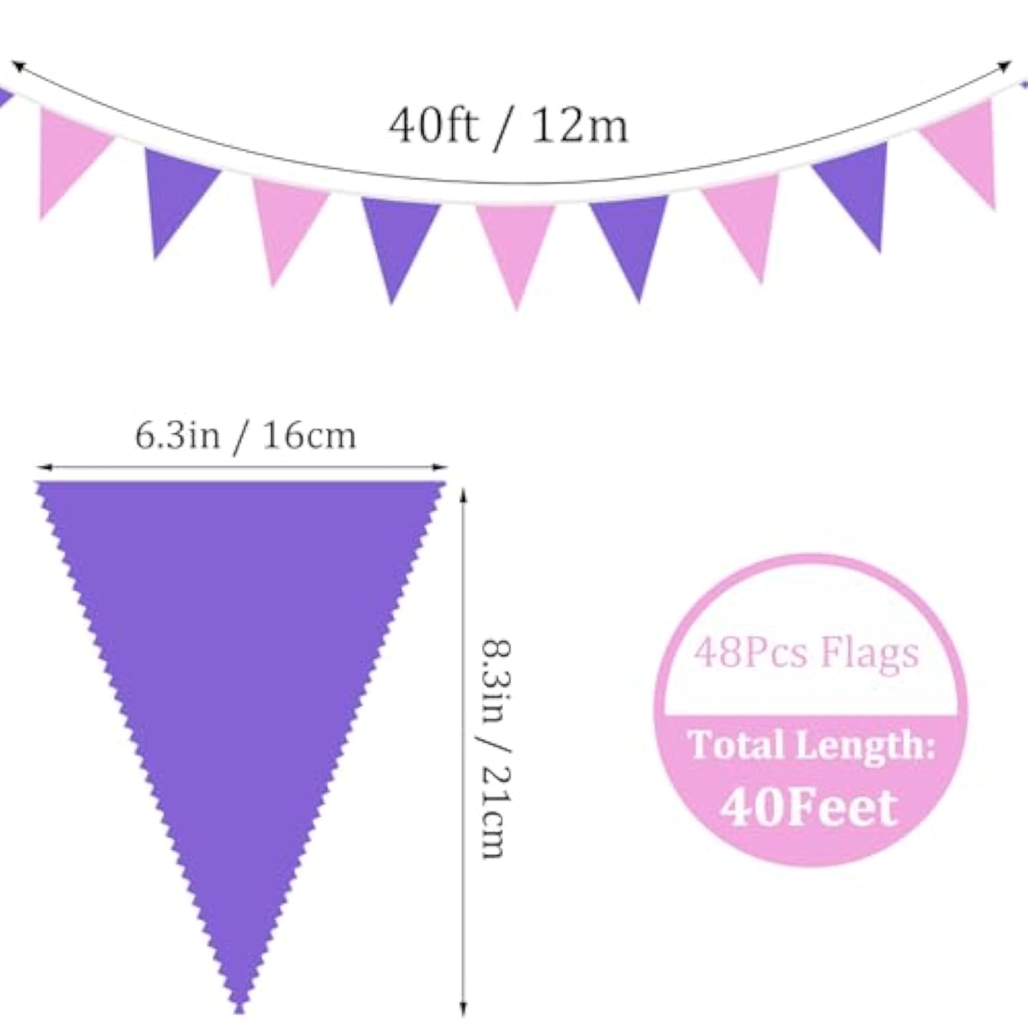 40Ft Purple Pink Fabric Bunting Banner Pennant Hanging Party Decorations Cotton Triangle Flag Garland For Girls Women Mother'S Day Princess Birthday Wedding Baby Shower Butterfly Tea Party Decor