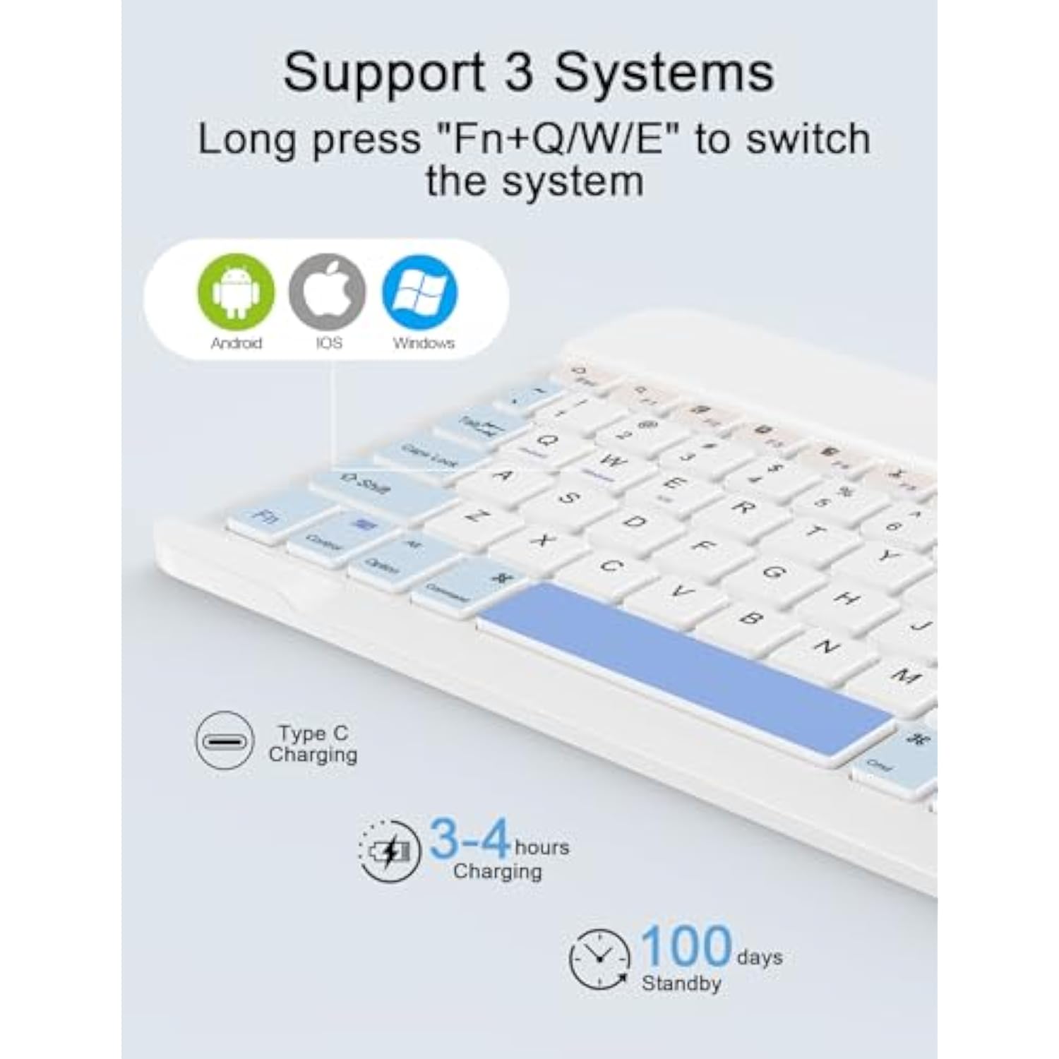 Bluetooth Keyboard And Mouse Combo For Ipad Pro/Air/Mini, Ultra-Slim Rechargeable Wireless Keyboard And Mouse For Iphone 15/14/13 Pro/Samsung/Tablet/Pc/Laptop/Ios/Windows/Android, White+Blue