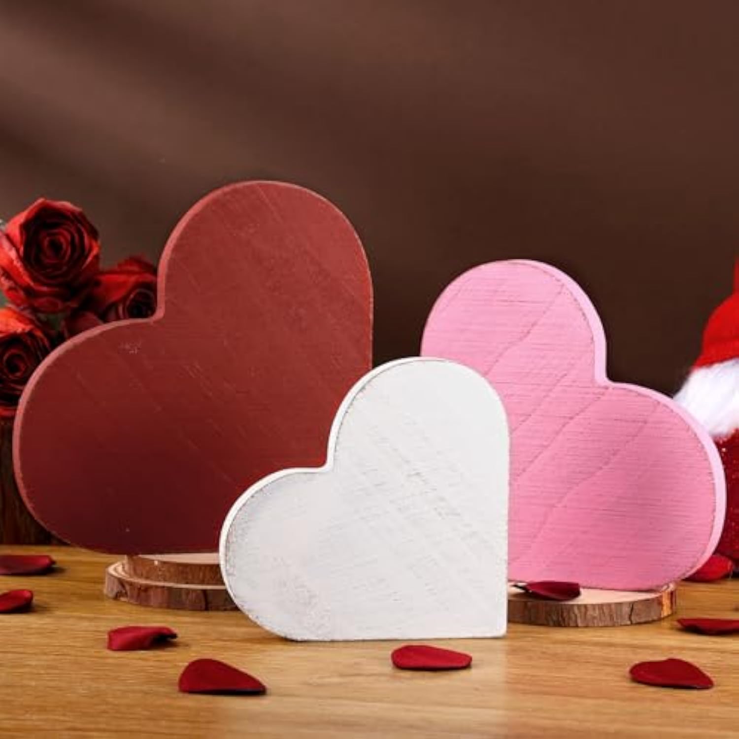 3 Pcs Valentines Day Decor Wooden Heart Sign Rustic Farmhouse Tabletop Centerpiece Red Pink White Table Decorations For Tiered Tray Home Kitchen Bedroom Couple Gifts