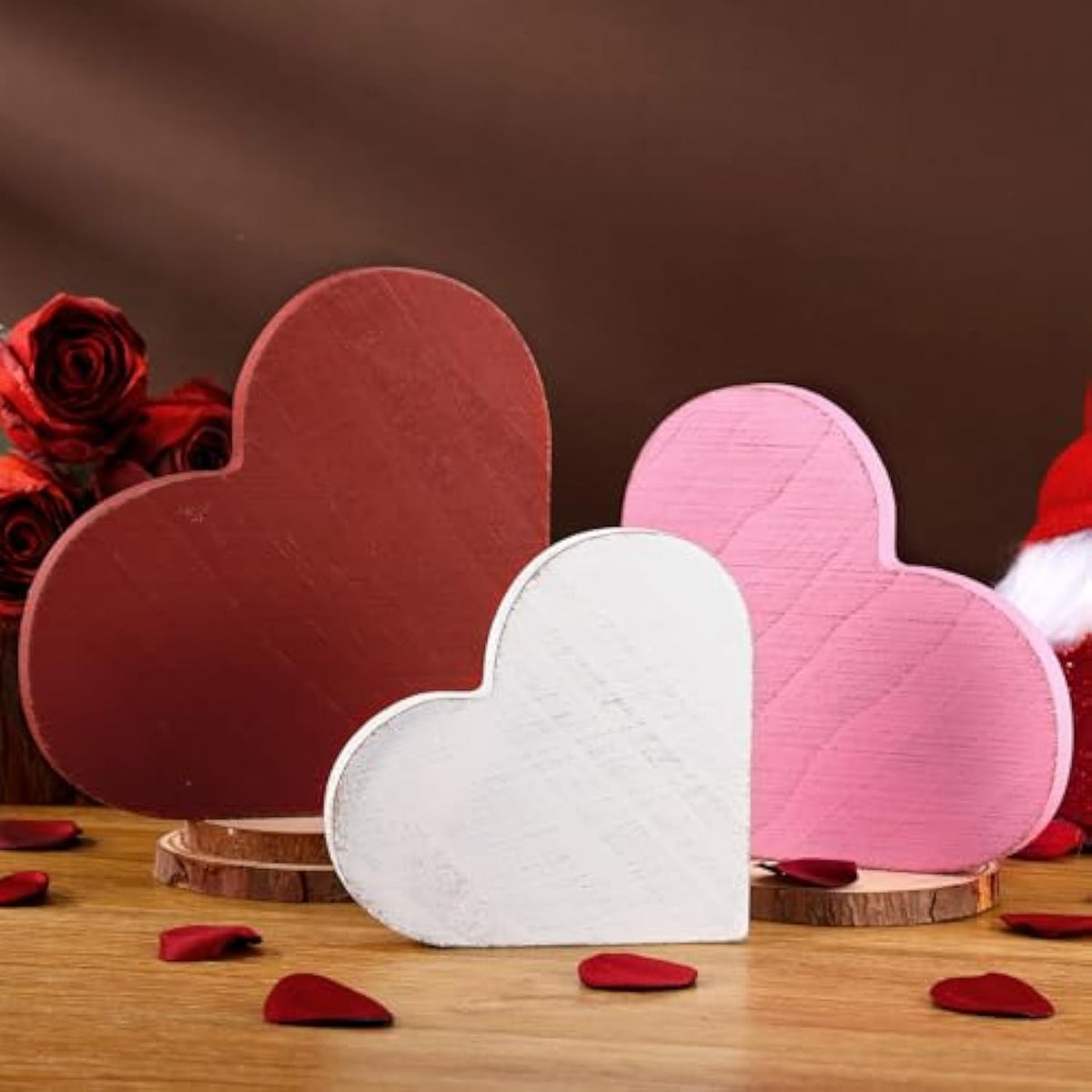 3 Pcs Valentines Day Decor Wooden Heart Sign Rustic Farmhouse Tabletop Centerpiece Red Pink White Table Decorations For Tiered Tray Home Kitchen Bedroom Couple Gifts