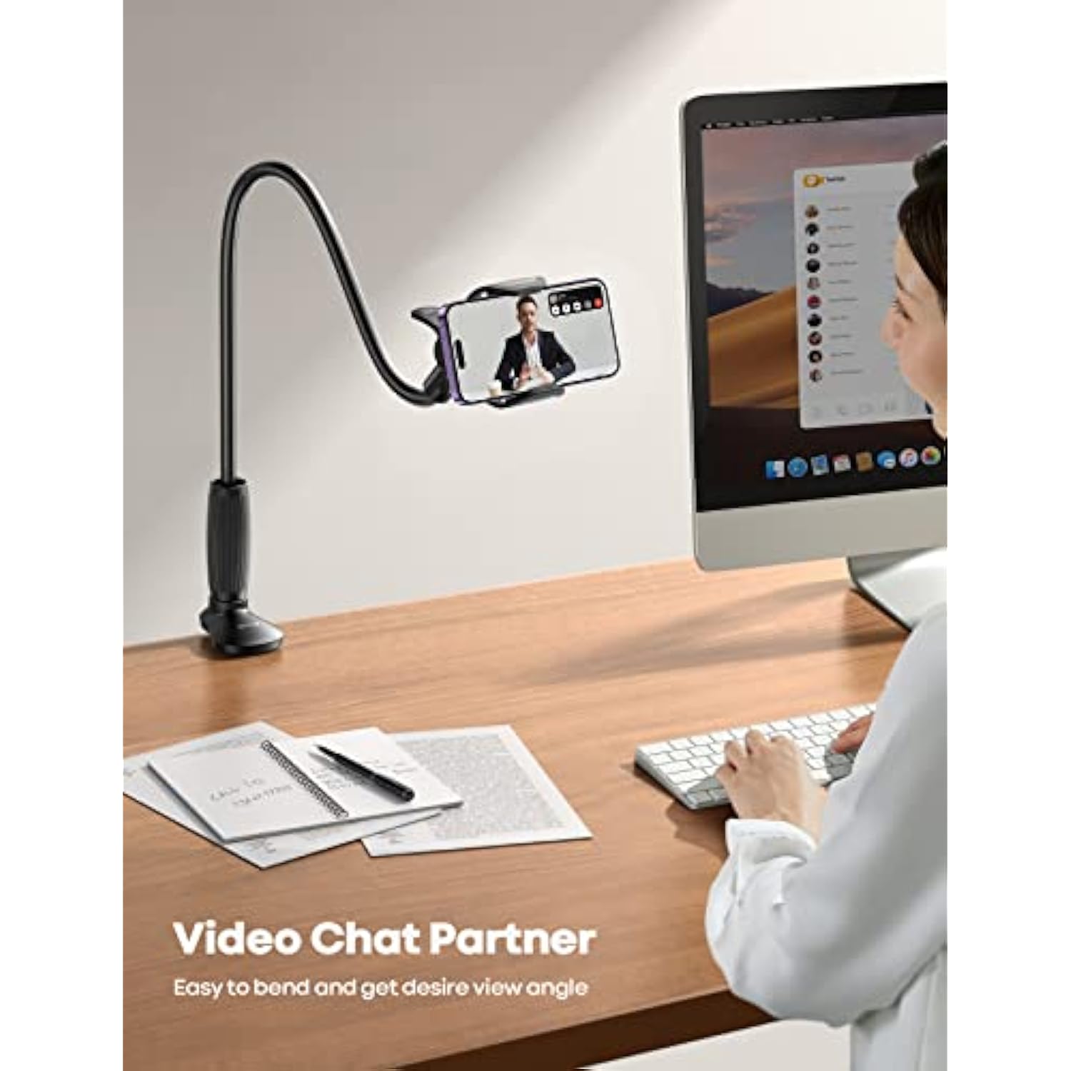 Gooseneck Phone Holder For Bed - [Upgraded Stable Clip] For Desk, Headboard, Bed, Bedside, Table, Flexible Gooseneck Long Arm Stand, Overhead Cell Phone Clamp Mount, For All 4-7” Devices