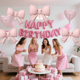 Pink Happy Birthday Banner Birthday Decorations Bow Balloons Heart-Shaped Balloons For Women Girls Birthday Decor Party Supplies