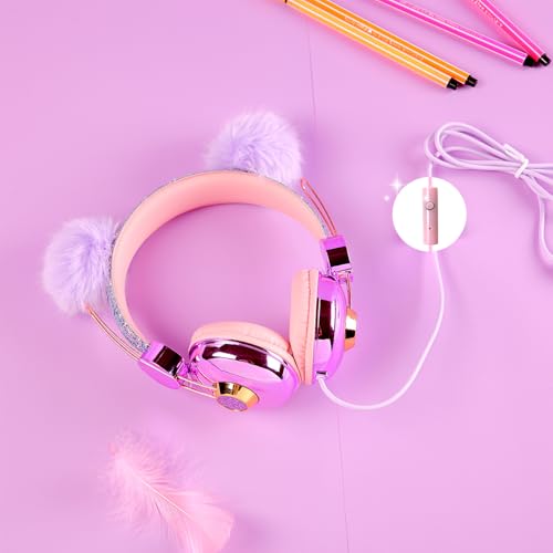 Kids Headphones for Girls, Cute Bear Ear Headphones with Microphone, 3.5mm Jack Wired Girls Headphones for School/Travel/iPad/Tablet (Purple)