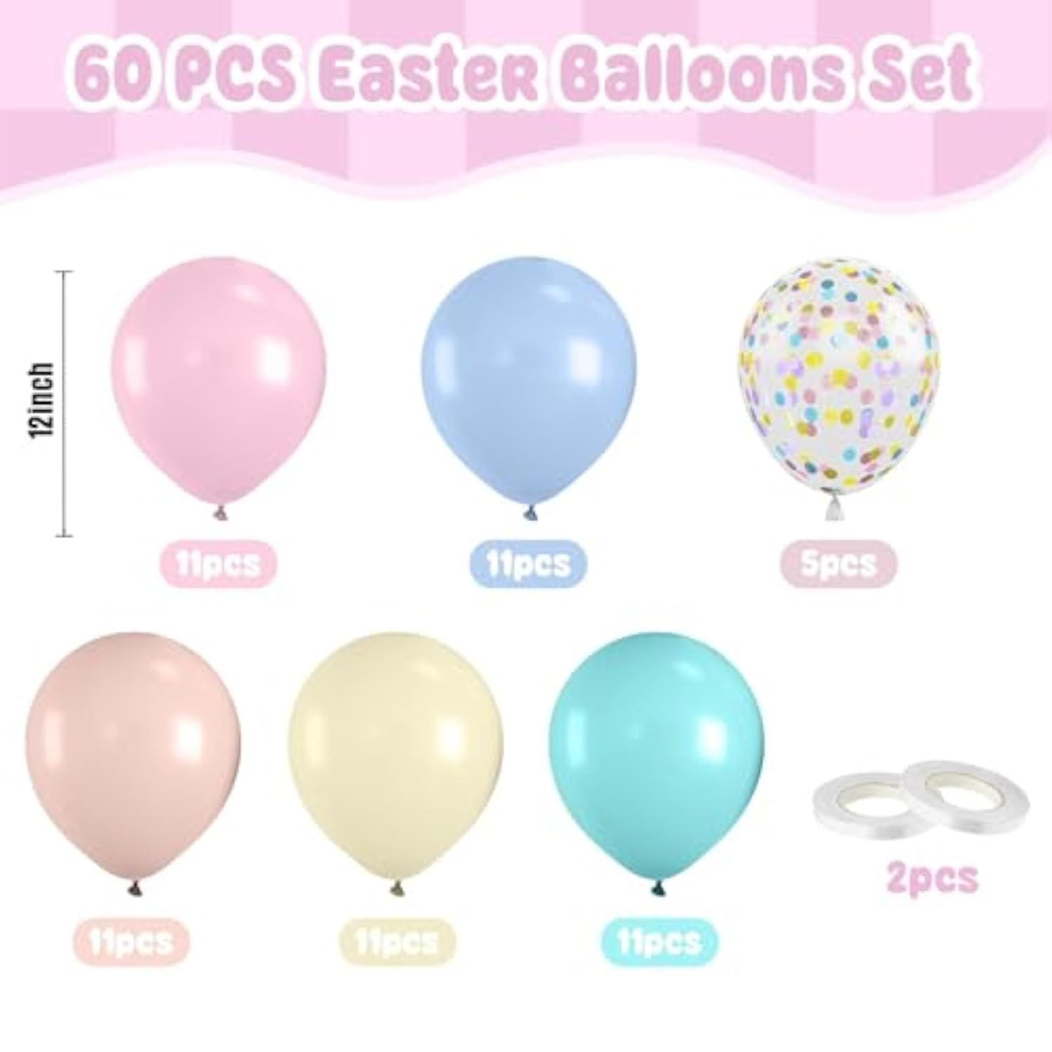 Pastel Balloons Set, 60Pcs Easter Balloons, 12 Inch Macaron Pink Teal Blue Yellow Orange Confetti Balloon Helium For Rainbow Bridal Baby Shower Anniversary Easter Day Birthday Party Decoration