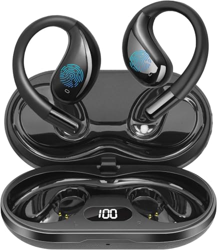 Open Ear Clip Wireless Earbuds Bone Conduction Headphones, Bluetooth 5.4, Open Ear Design For Running Fitness,Officebuilt-In Mic, Ipx7 Waterproof, Led Display Charging Case,Ear Hooks Black