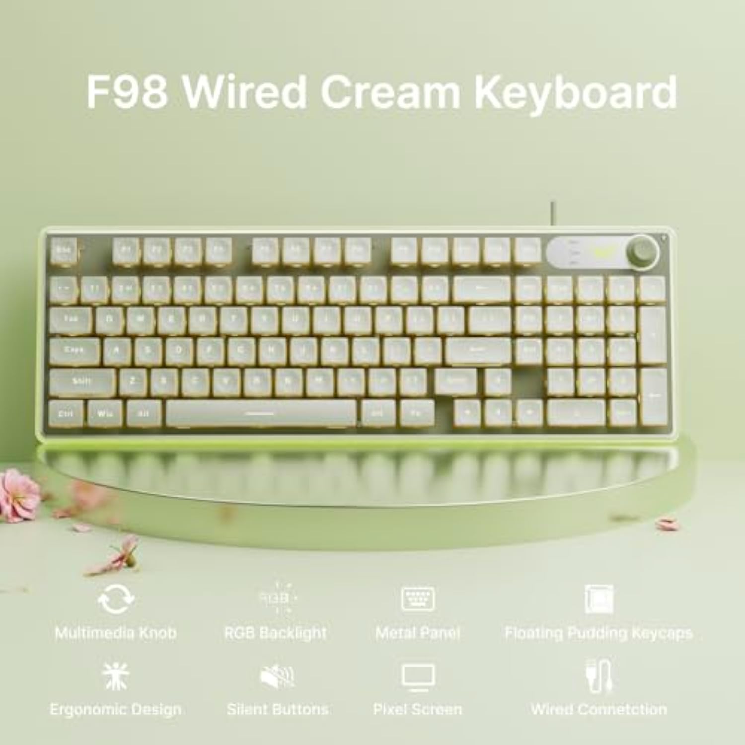 Eweadn F98 Wired Keyboard With Smart Display & Knob,98 Keys Aesthetic Computer Keyboards,Metal Panel,Cute Wired Cream Membrane Keyboard For Windows/Pc-Green