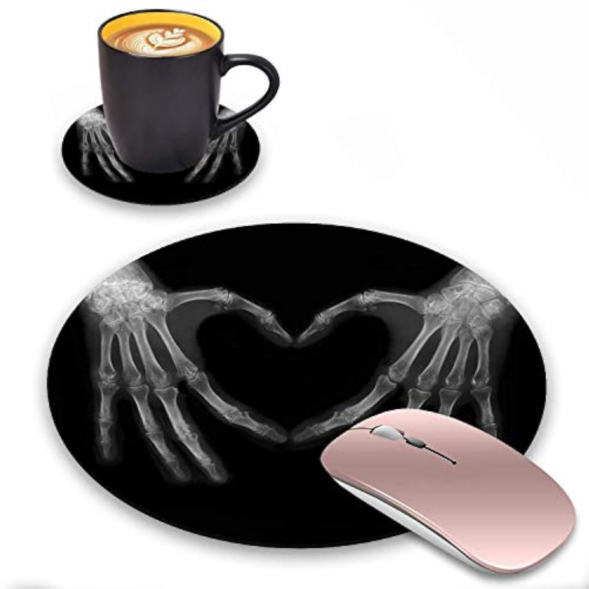 Round Mouse Pad And Coasters Set, Xray Bones Of Hands Making The Sign Love Heart Design Mouse Pad, Non-Slip Rubber Base Mouse Pads For Laptop And Computer, Cute Design Desk Accessories