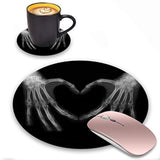 Round Mouse Pad And Coasters Set, Xray Bones Of Hands Making The Sign Love Heart Design Mouse Pad, Non-Slip Rubber Base Mouse Pads For Laptop And Computer, Cute Design Desk Accessories
