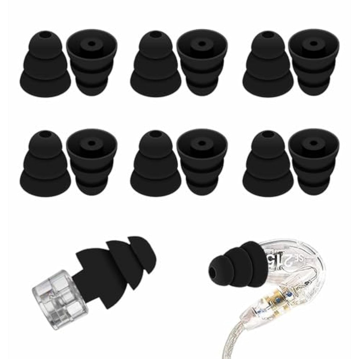 Large Size 6 Pairs Triple Flange Compatible With Shure Se215 Pro Ear Tips, Noise Reduce With 2Mm Connector Hole Eartips Earbuds Compatible With Etymotic Research/Klipsch/Westone - L Black