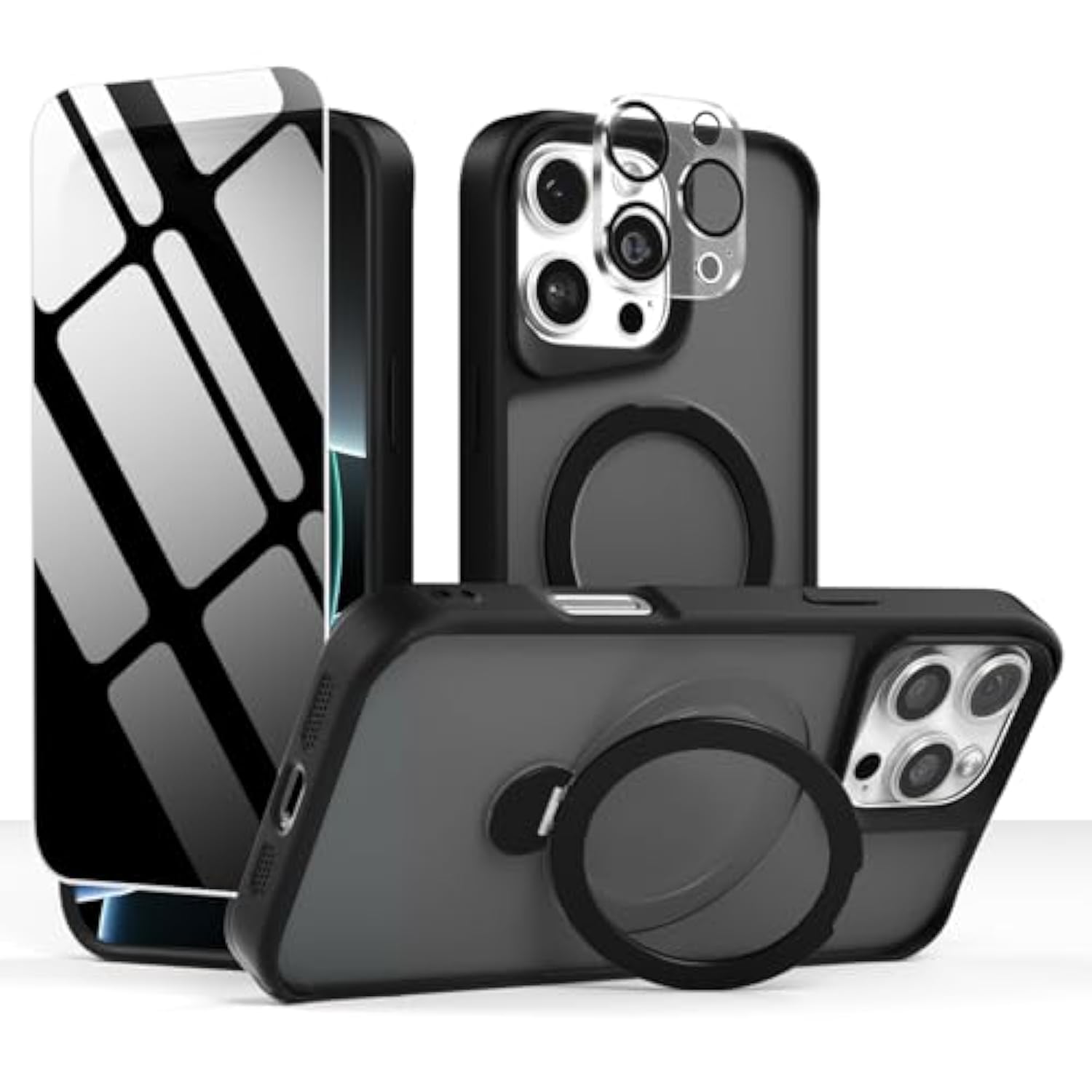 Magnetic Stand For Iphone 16 Pro Max Case With Privacy Screen Protector & Full Camera Cover,[20Ft Protection] 360° Spin Magnetic Ring Shockproof Phone Case With Magsafe For Iphone 16 Promax,Black