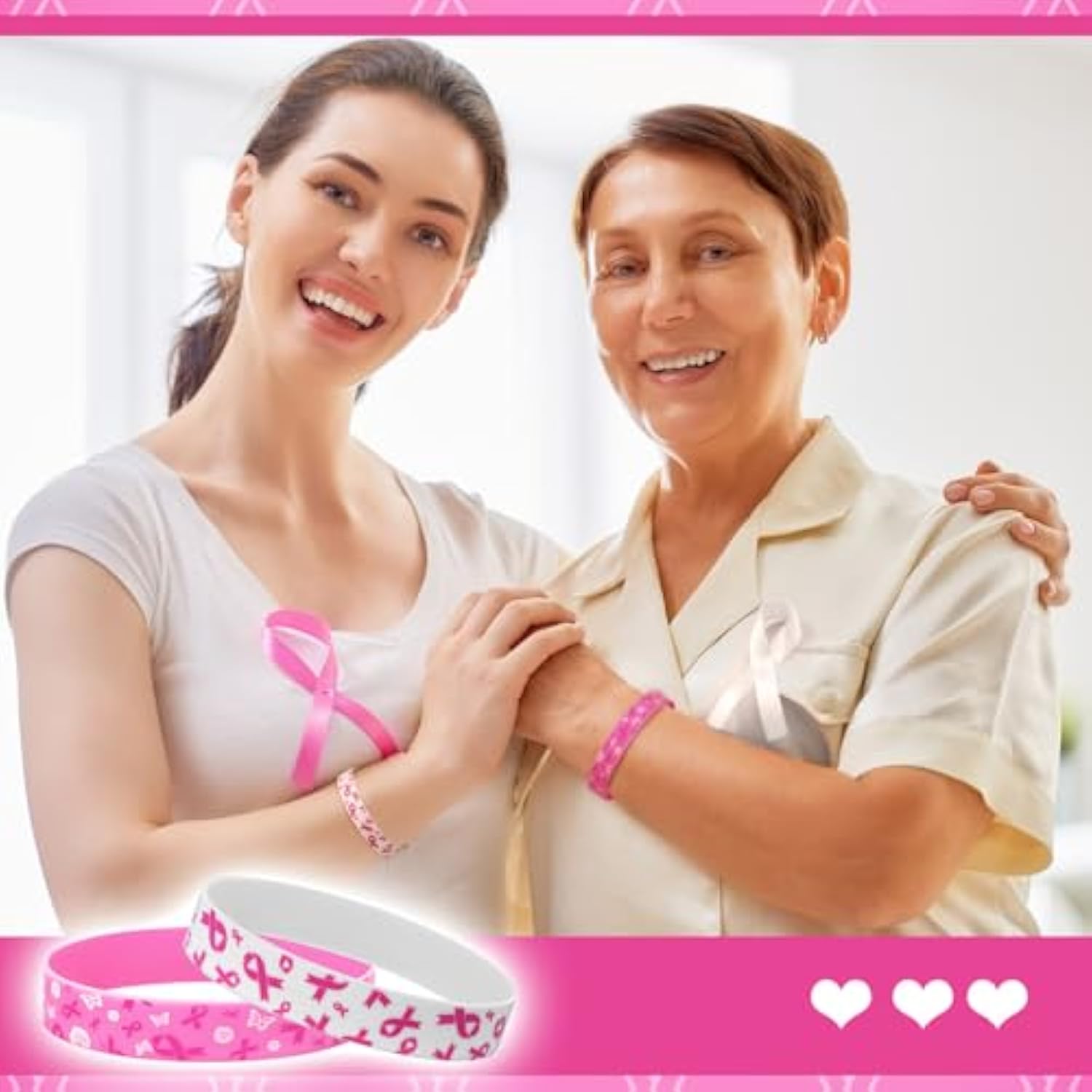 100 Pcs Breast Cancer Awareness Bracelets Pink Ribbon Breast Cancer Awareness Silicone Wristbands Black Party Favors Gifts For Women Accessories(Black Pink)