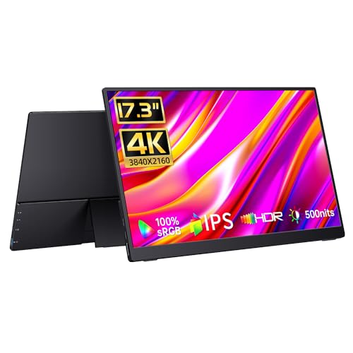17.3" Portable Monitor 4K, 500 Nits 3840 * 2160P 100% Adobe Rgb Travel Monitor With Bulit-In Kickstand & Speakers, Portable Computer Monitor, External Monitors For Laptop Pc Xbox Switch Ps4/5