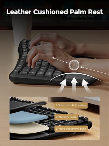 Wireless Ergonomic Keyboard,Ergo Keyboard With Cushioned Wrist & Palm Rest,2.4Ghz / Bt Ergonomic Wave Keys Computer Keyboard,3 Multi-Device Connectivity For Laptop,Mac,Windows - Black