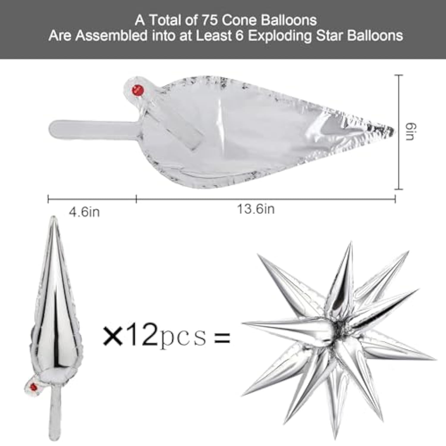 72 Pcs Explosion Star Foil Balloons 12 Point Silver Starburst Cone Mylar Balloons For Party Supplies Christmas Birthday Wedding Baby Shower Photo Booth (Silver)