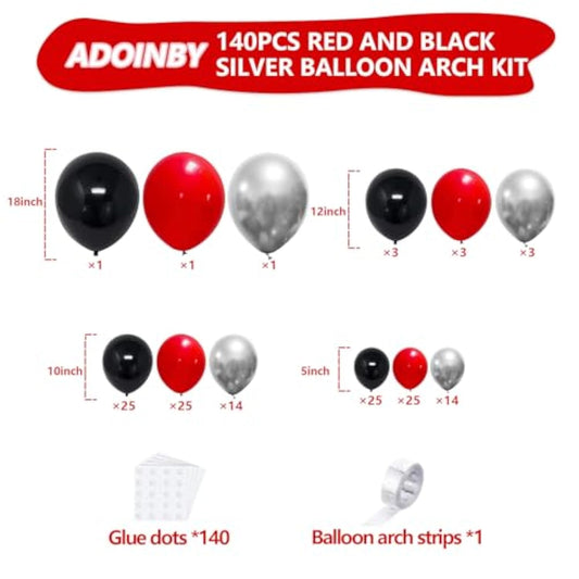 Red And Black Balloons Arch Kit, 140Pcs Matte Red Black Metallic Silver Garland Kit, 18 12 10 5 Inch Different Size Balloons For Birthday Party Anniversary Wedding Graduation Prom Decorations