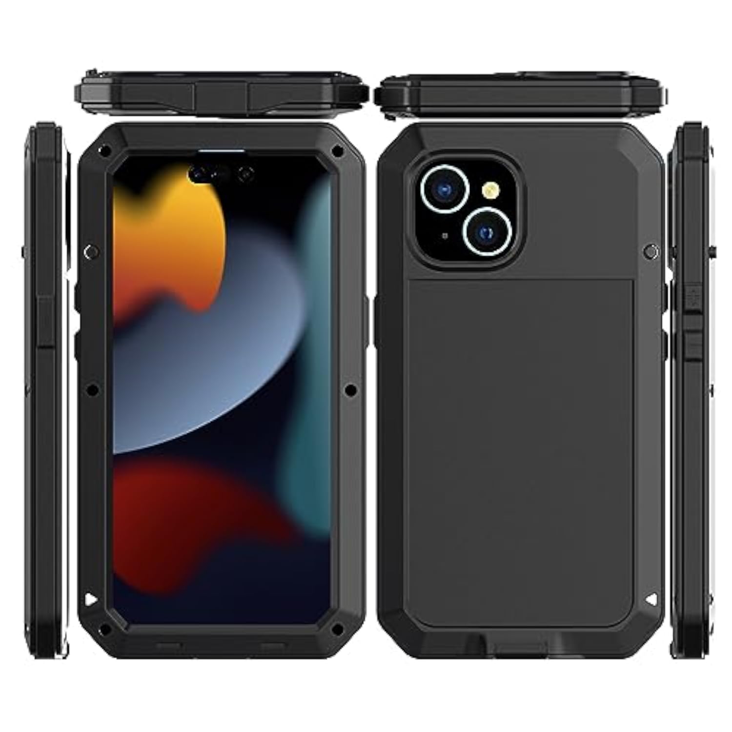 Heavy Duty iPhone 15 Plus Case with Metal Frame and Silicone Screen Protector - Black