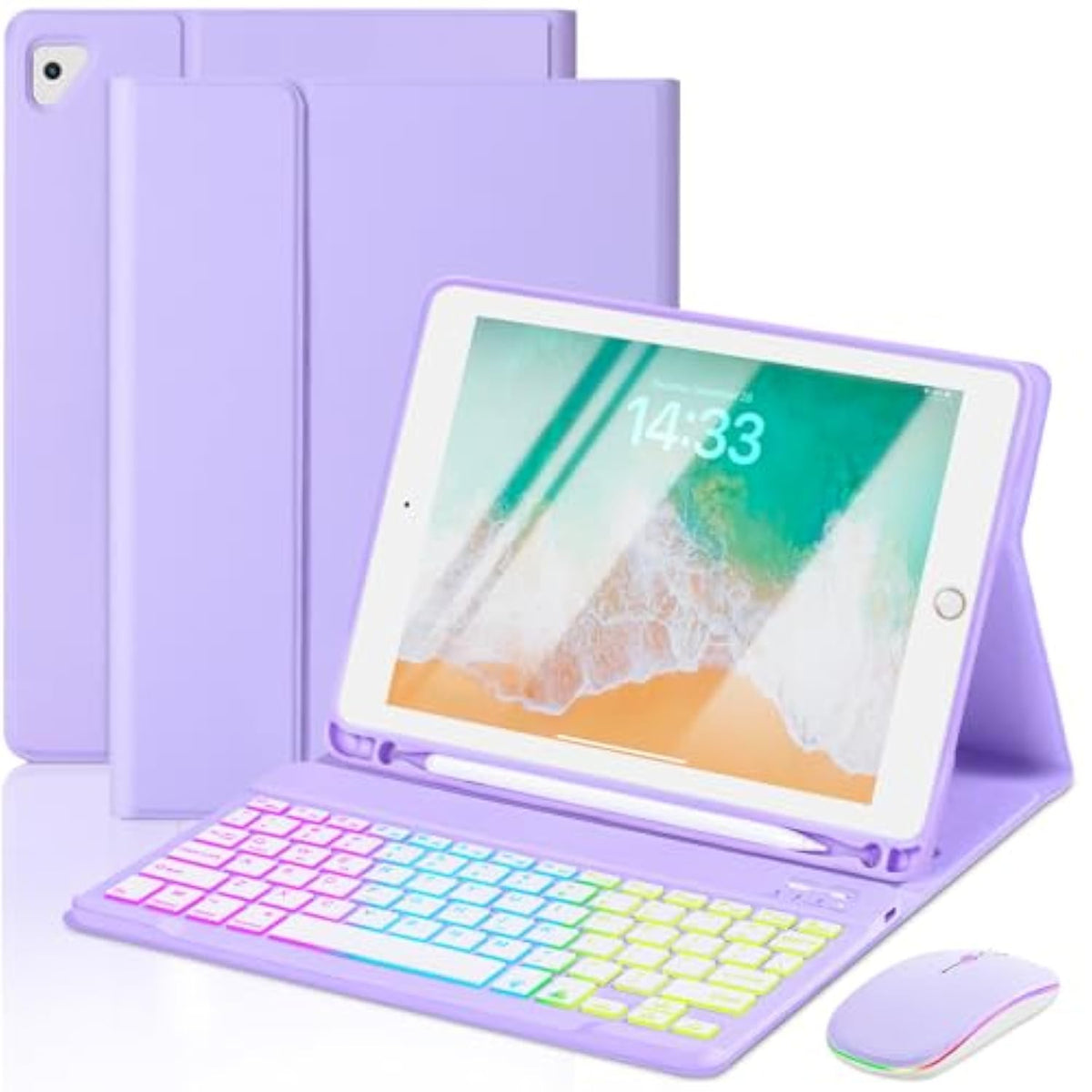 Case With Keyboard And Mouse For Ipad 6Th/5Th Generation Air 1 2 Pro 9.7Inch,7 Color Rainbow Backlight Detachable Usb-C Keyboard Magnetic Case With Pen Slot For Ipad 2018 2017 Purple+Mouse