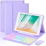 Case With Keyboard And Mouse For Ipad 6Th/5Th Generation Air 1 2 Pro 9.7Inch,7 Color Rainbow Backlight Detachable Usb-C Keyboard Magnetic Case With Pen Slot For Ipad 2018 2017 Purple+Mouse