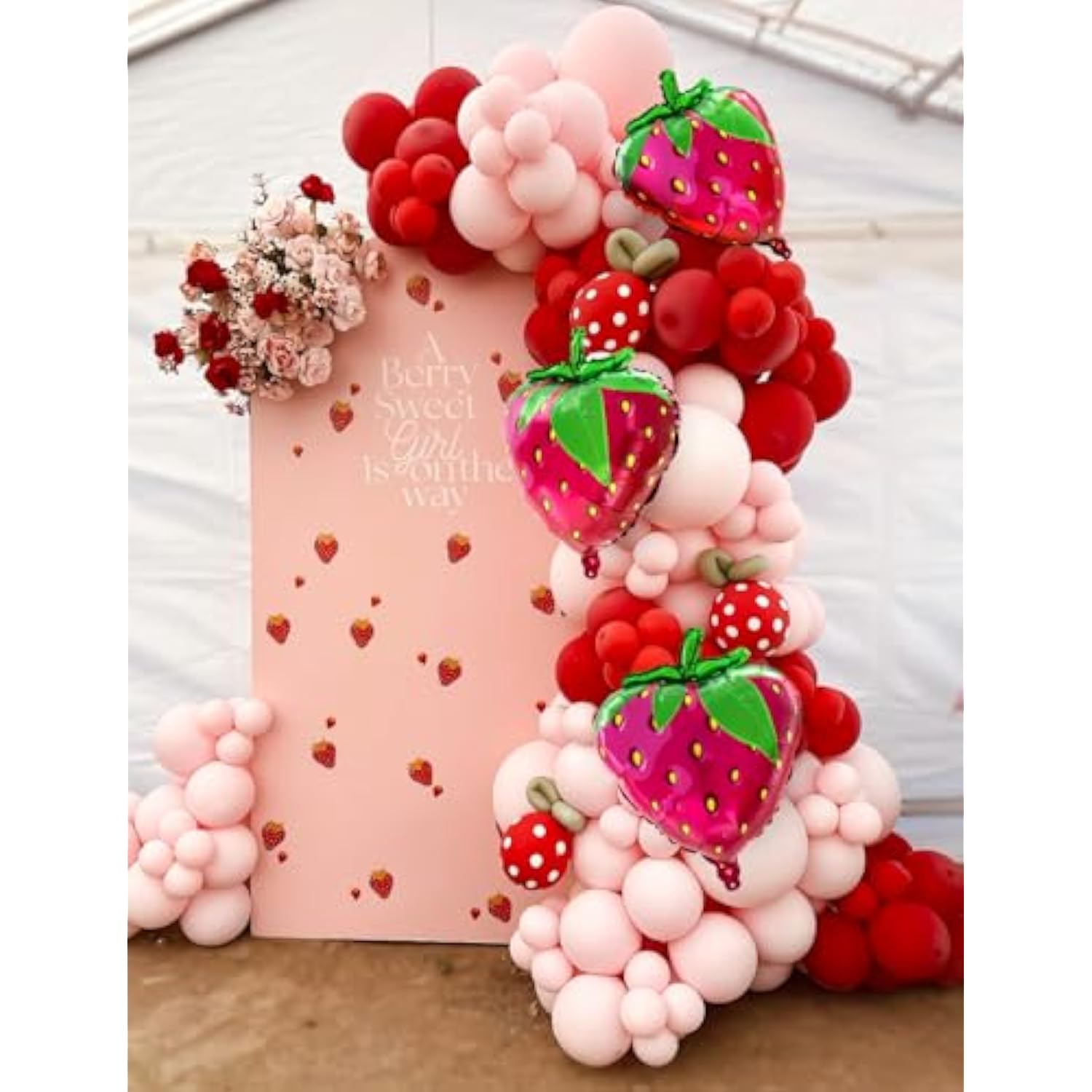 Strawberry Balloon Arch Kit 130 Pcs Red, Pink & Green Balloons for Berry First Birthday