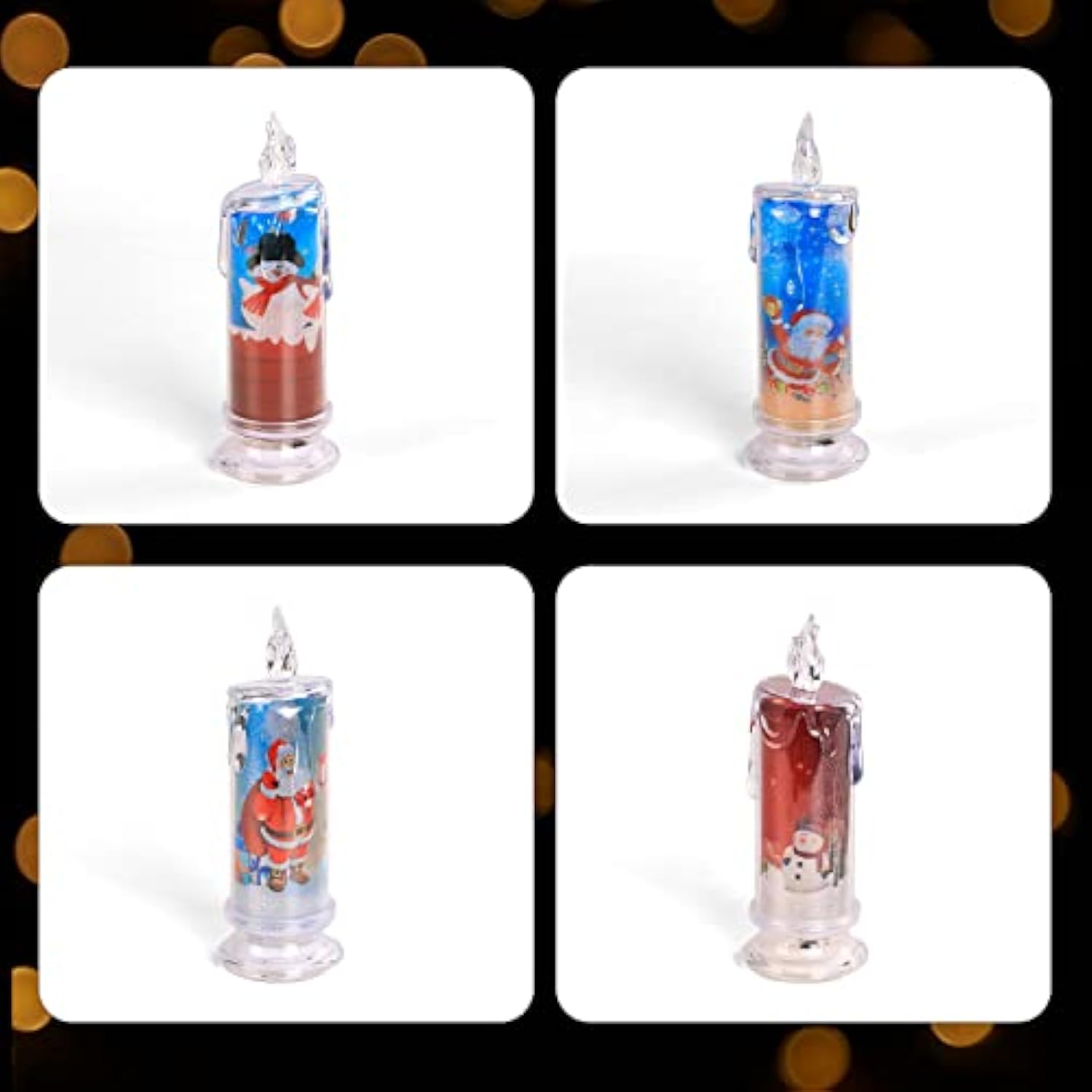 Flameless Led Candles Set Of 4 With Santa Claus, Snowman Decals - Battery Operated Christmas Themed Festival Gift Decorations