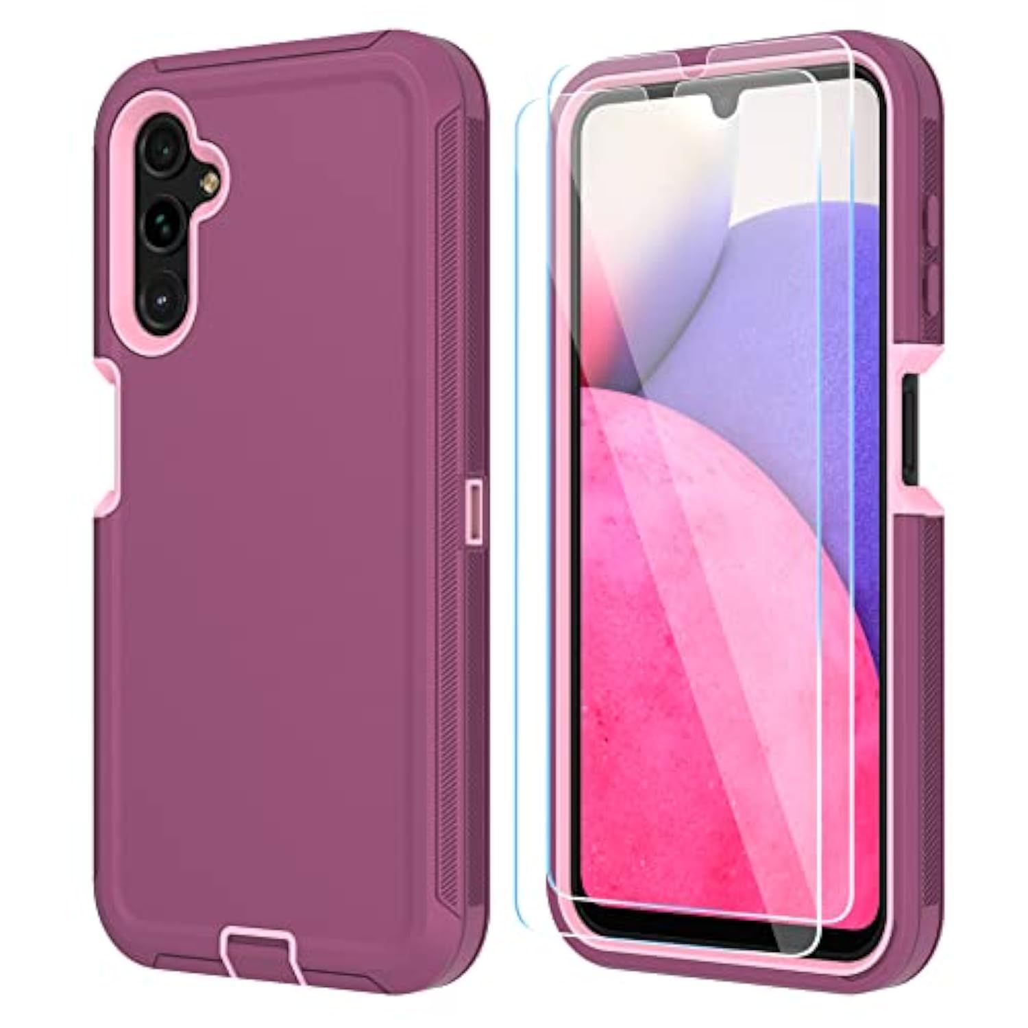 Compatible With Samsung Galaxy A14 5G Case With Hd Screen Protector, Heavy Duty Shockproof & Dropproof 3-Layer Cover Phone Case For Samsung A14,Winered Pink