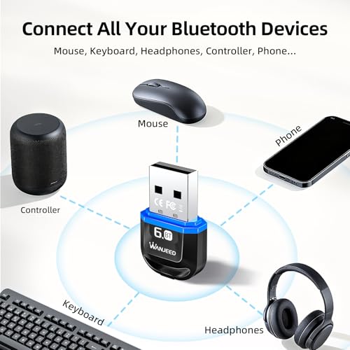 Bluetooth 6.0 Usb Adapter For Pc Desktop Laptop - Pre-Installed Driver, Plug And Play, Windows 11/10/8.1/7 Compatible - Wireless Dongle For Headset, Speaker, Keyboard, Mouse, Printer, Controller