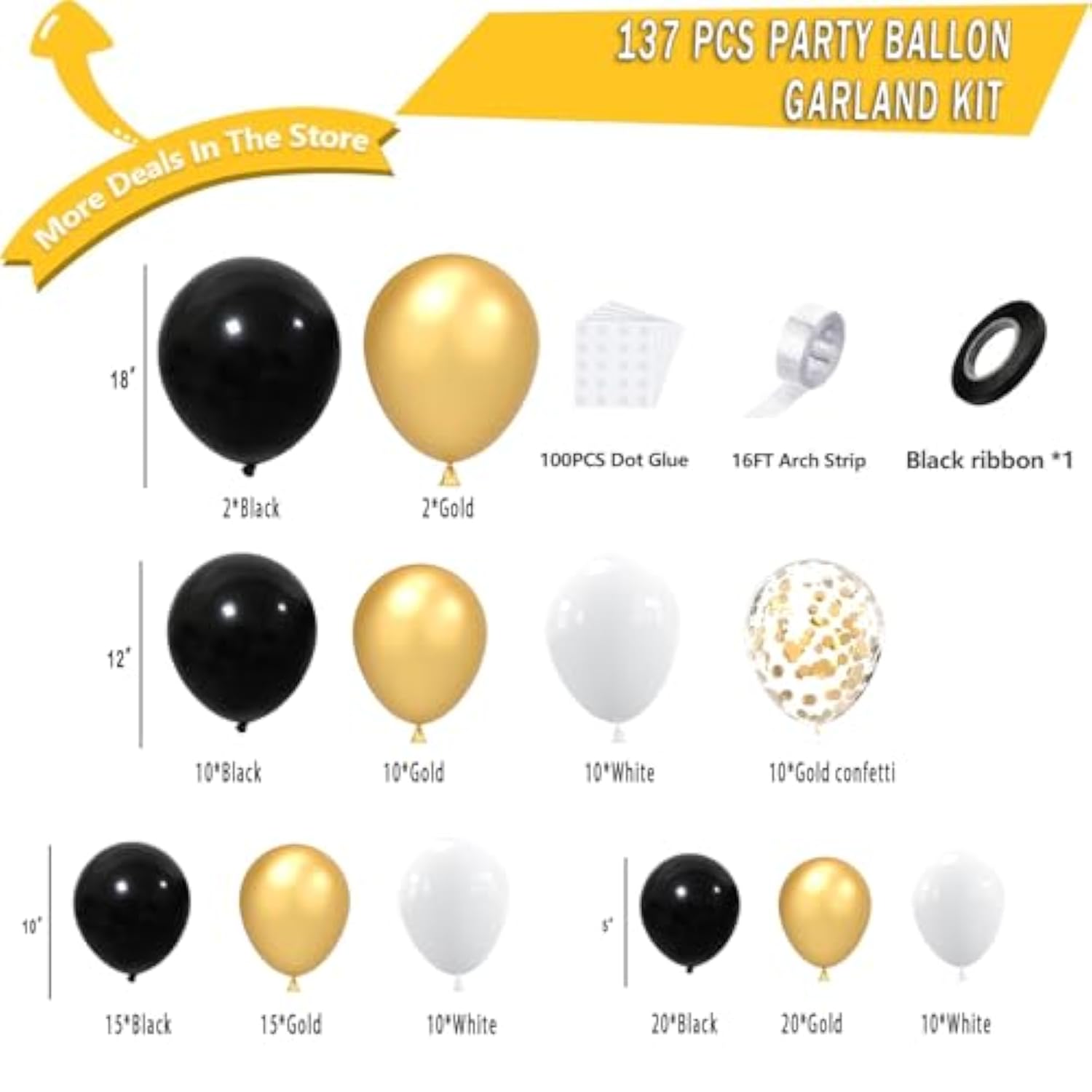 137pcs Black Gold White Balloon Arch Kit for Weddings, Birthdays & Events
