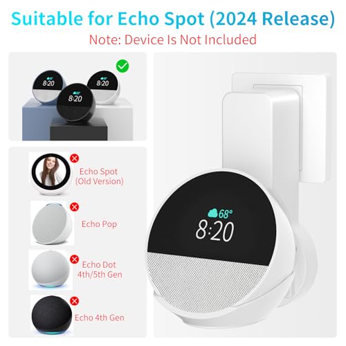 Wall Mount Holder for Echo Spot (2024 Release), Outlet Wall Mount Stand for Echo Spot, No Screws or Drilling Needed, Space-Saving Spot Accessories