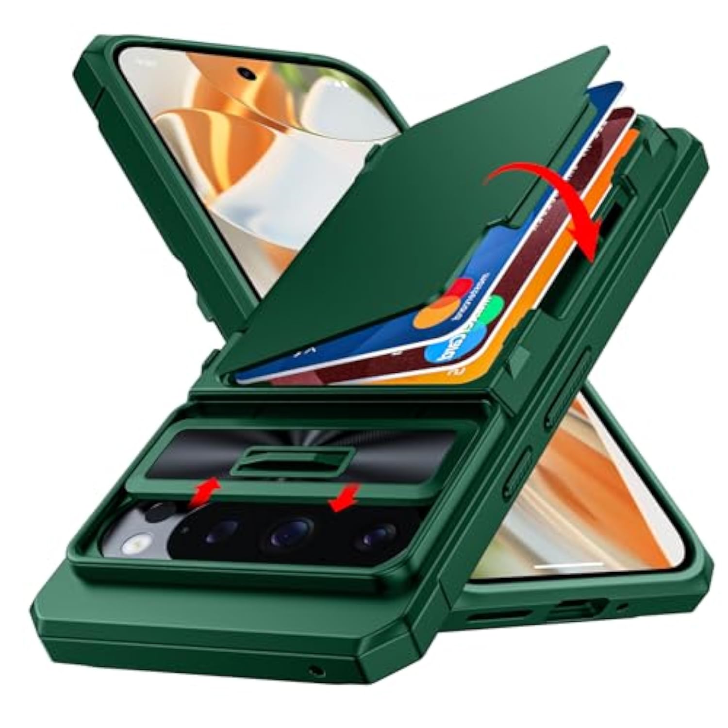 Cenmaso For Google Pixel 9 Pro Case/Pixel 9 Case With Card Holder (4 Cards) & Sliding Camera Cover & Kickstand?Rfid Blocking? Fullbody Shockproof Wallet Phone Case For Pixel 9/9 Progreen