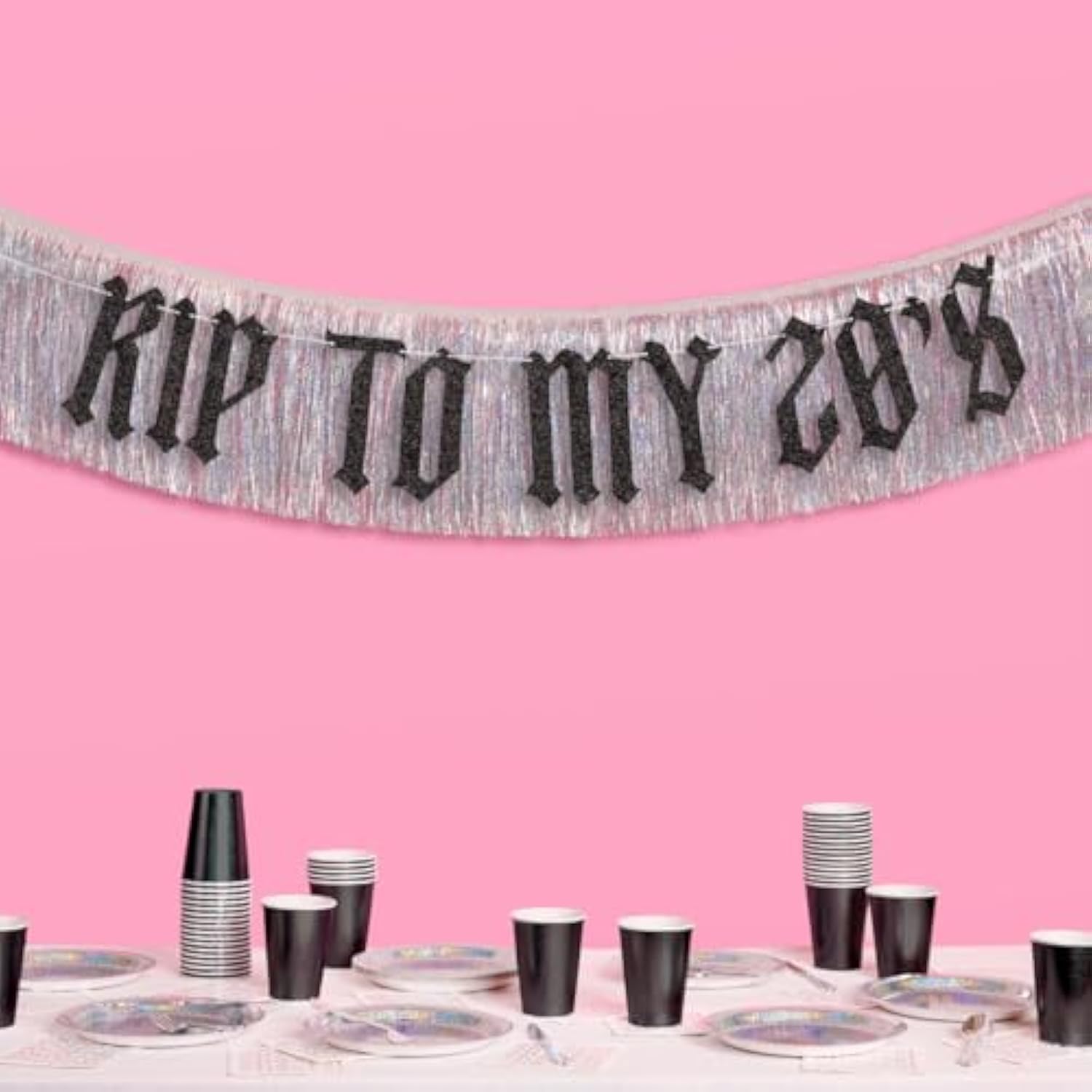 "RIP to My 20s" black glitter & iridescent fringe banner for 30th birthday decor