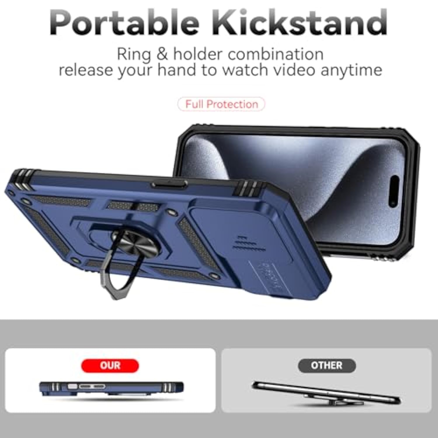 Compatible With Iphone 15 Pro Case With Hd Screen Protector & Slide Camera Cover & Rotated Ring Kickstand, [Military-Grade] Phone Case For Iphone 15 Pro,Blue