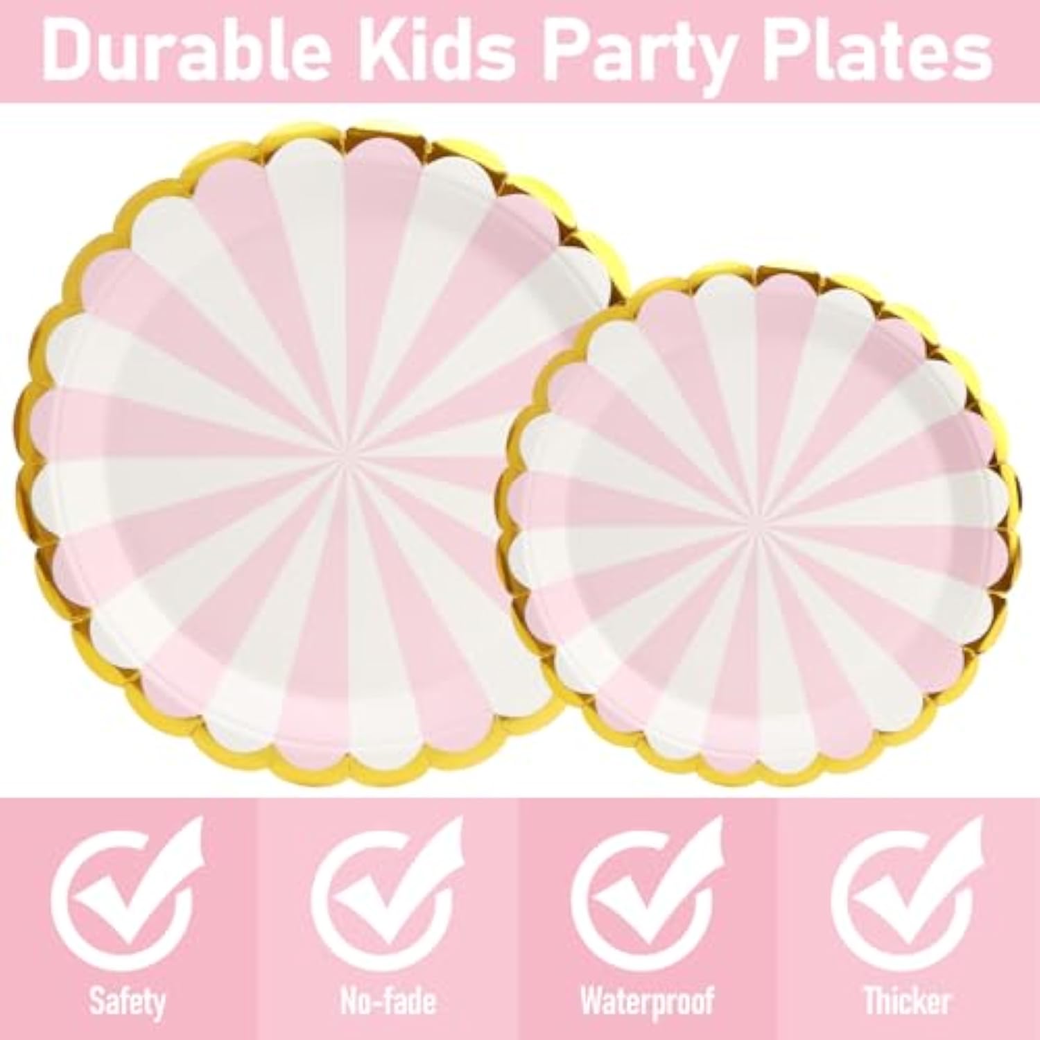 96Pcs Pink Party Paper Plates With Gold Scalloped Edge, Pink Scalloped 9Inch 7Inch Dessert Paper Plates Party Supplies For Birthday Bridal Shower Picnic, Serve For 24 Guests, Striped