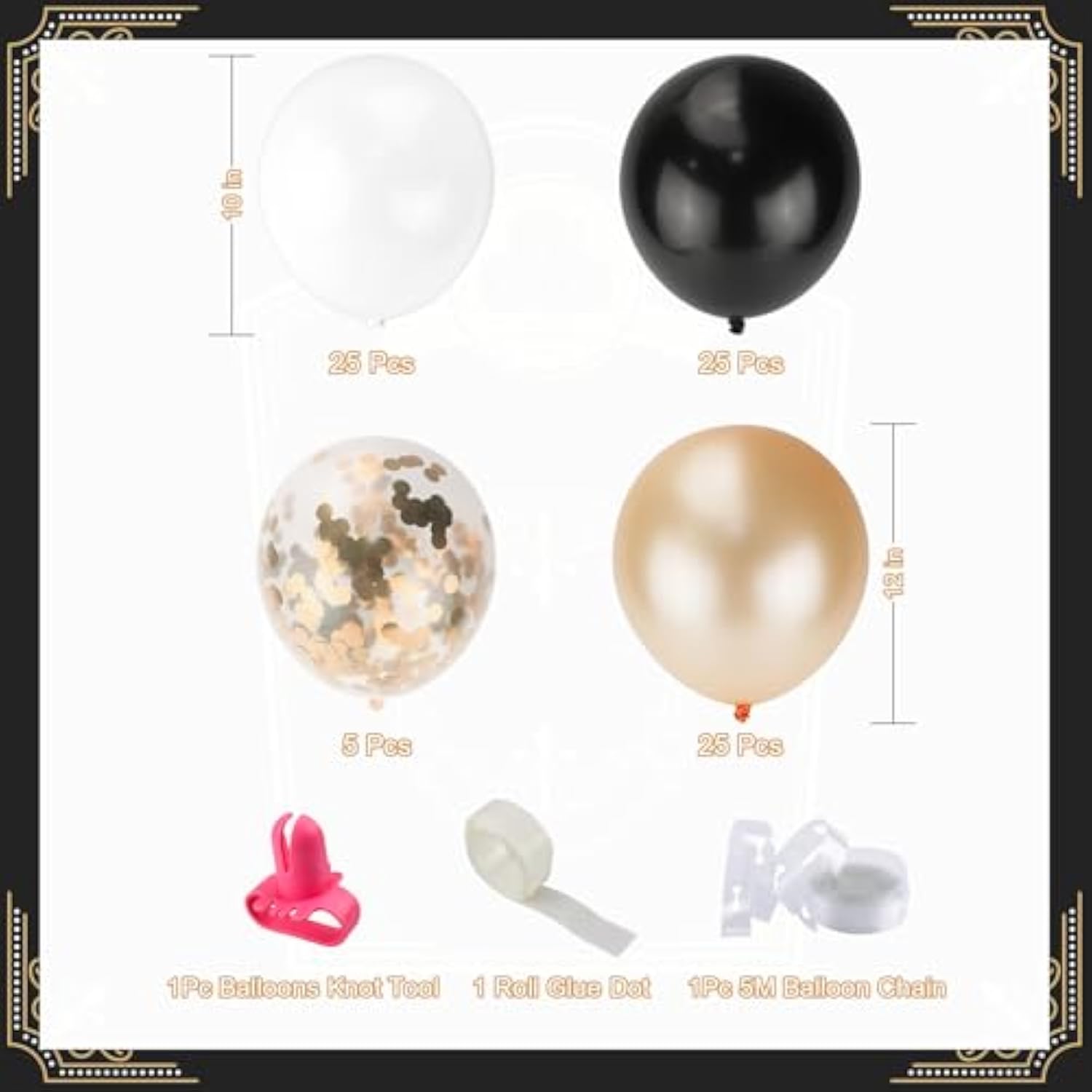 Whiskey Balloons Garland Arch Kit, Black White Champagne Gold Confetti