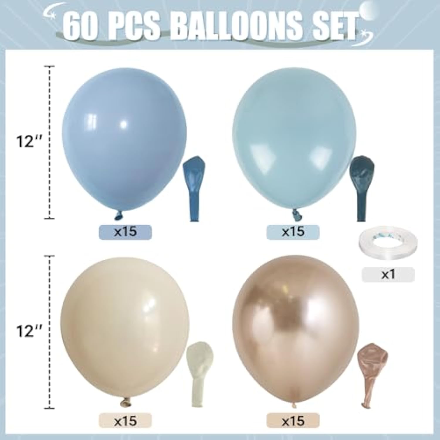 Dusty Blue And Gold Balloons, 60 Pcs 12 Inch Slate Fog Pastel Baby Blue Sand White And Gold Balloons For Baby Boy Shower Bridal Shower Birthday Wedding Party Decorations