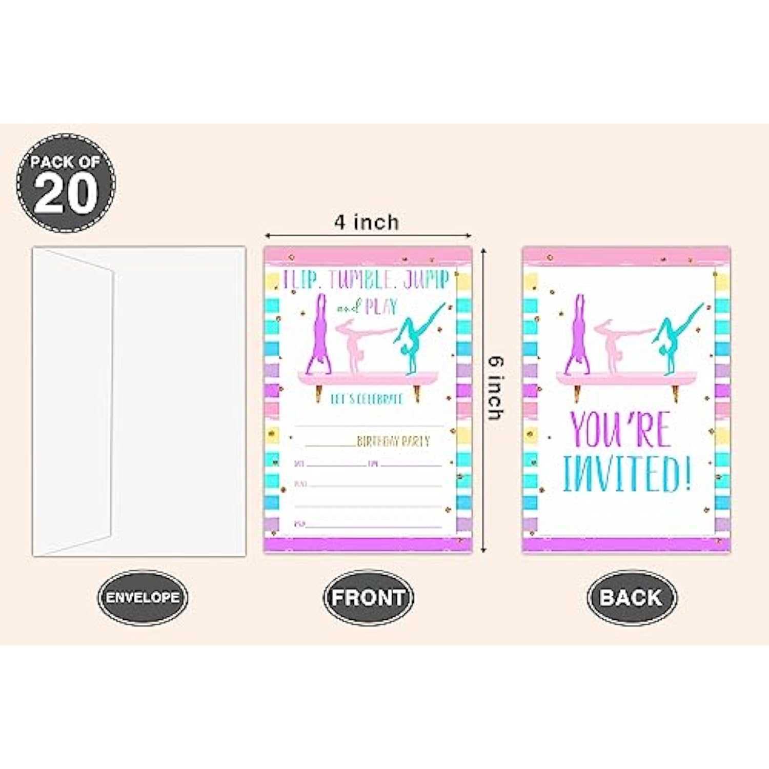 Gymnastics Birthday Invitations, Gymnastics Theme Birthday Party Invitations For Girls Boys Kids, Jump Tumble And Play Fill In Birthday Party Invites, Decorations, 20 Invitations With Envelopes (D04)