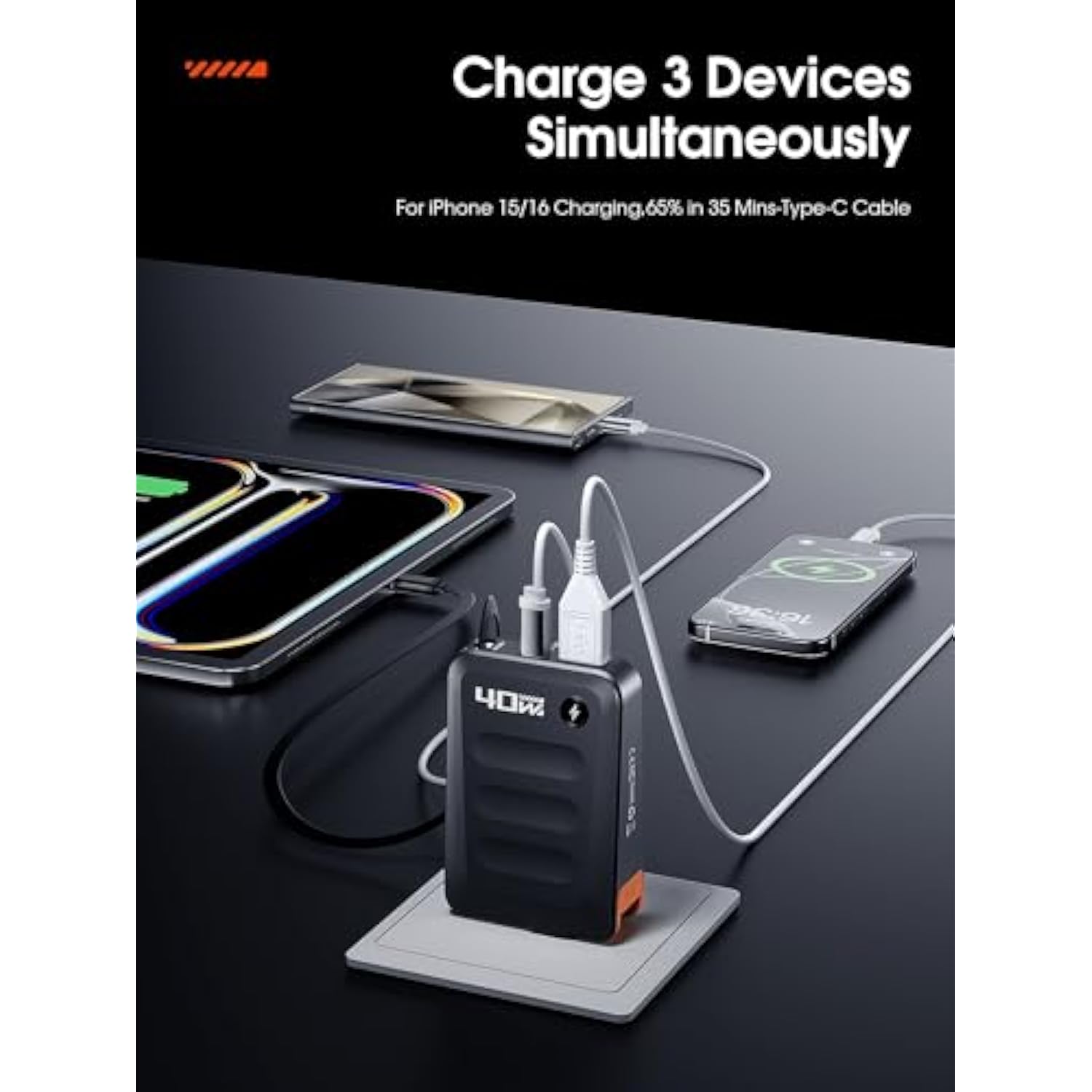 Retractable Usb C Charger Block,40W Pd Fast Charging Blocks With Retractable Type C Cable And Dual Port Travel Charger,Usb Chargers With Foldable Plug For Iphone 16/15,Galaxy,Pixel-Black