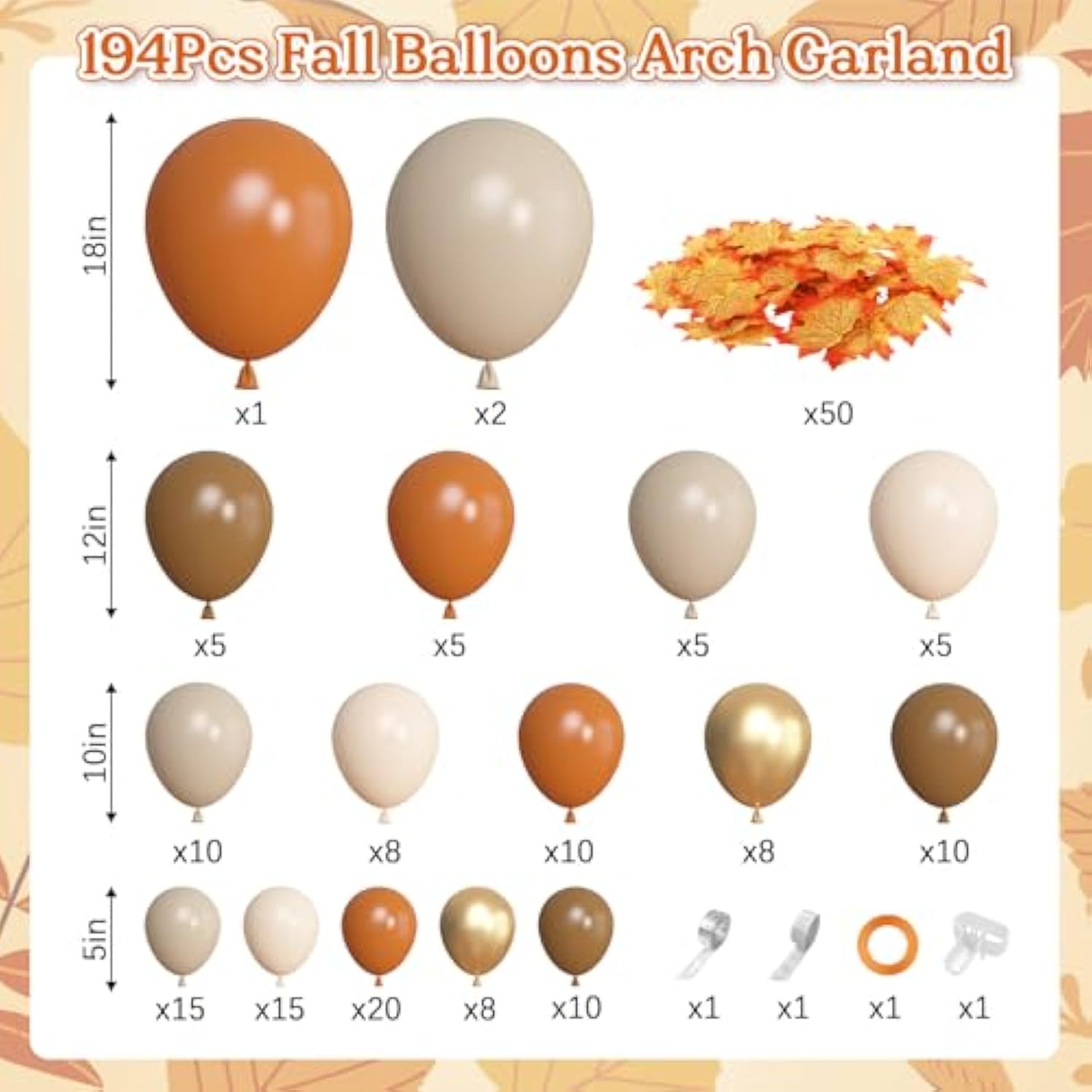 Fall Balloon Arch Kit 194Pcs Orange Brown White Gold Balloons for Thanksgiving Decor