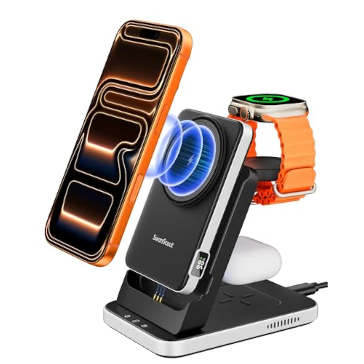 3 In 1 Charging Station Compatible With Magsafe For Apple, 304M, Magnetic Wireless Charger Stand With 5000Mah Detachable Portable Charger For Iphone 16/15, Apple Watch, Airpods (No Adapter)