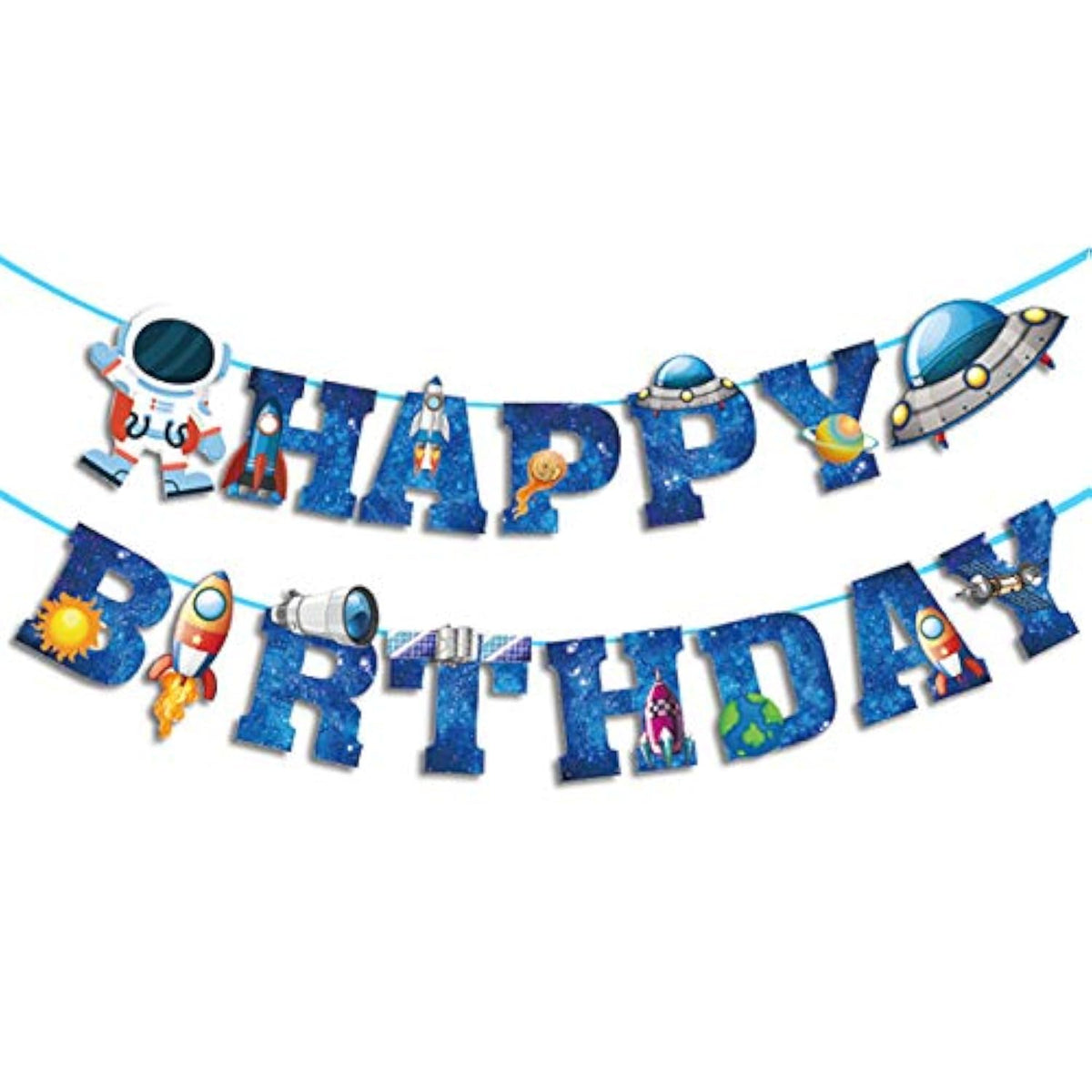 Space Ship Astronaut Happy Birthday Banner Boys Birthday Party Banner Decoration Blue