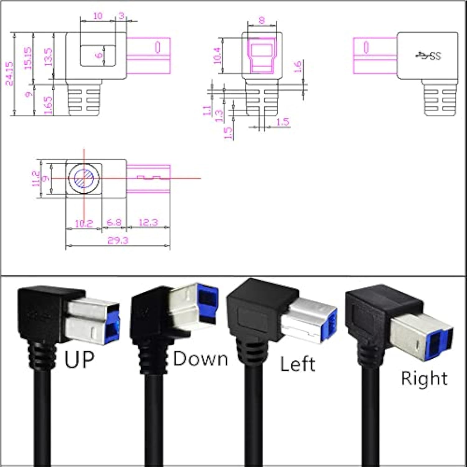 Usb 3.0 Printer Cable, Usb 3.0 Type A Male To Type B Male Plug 90 Degree High
